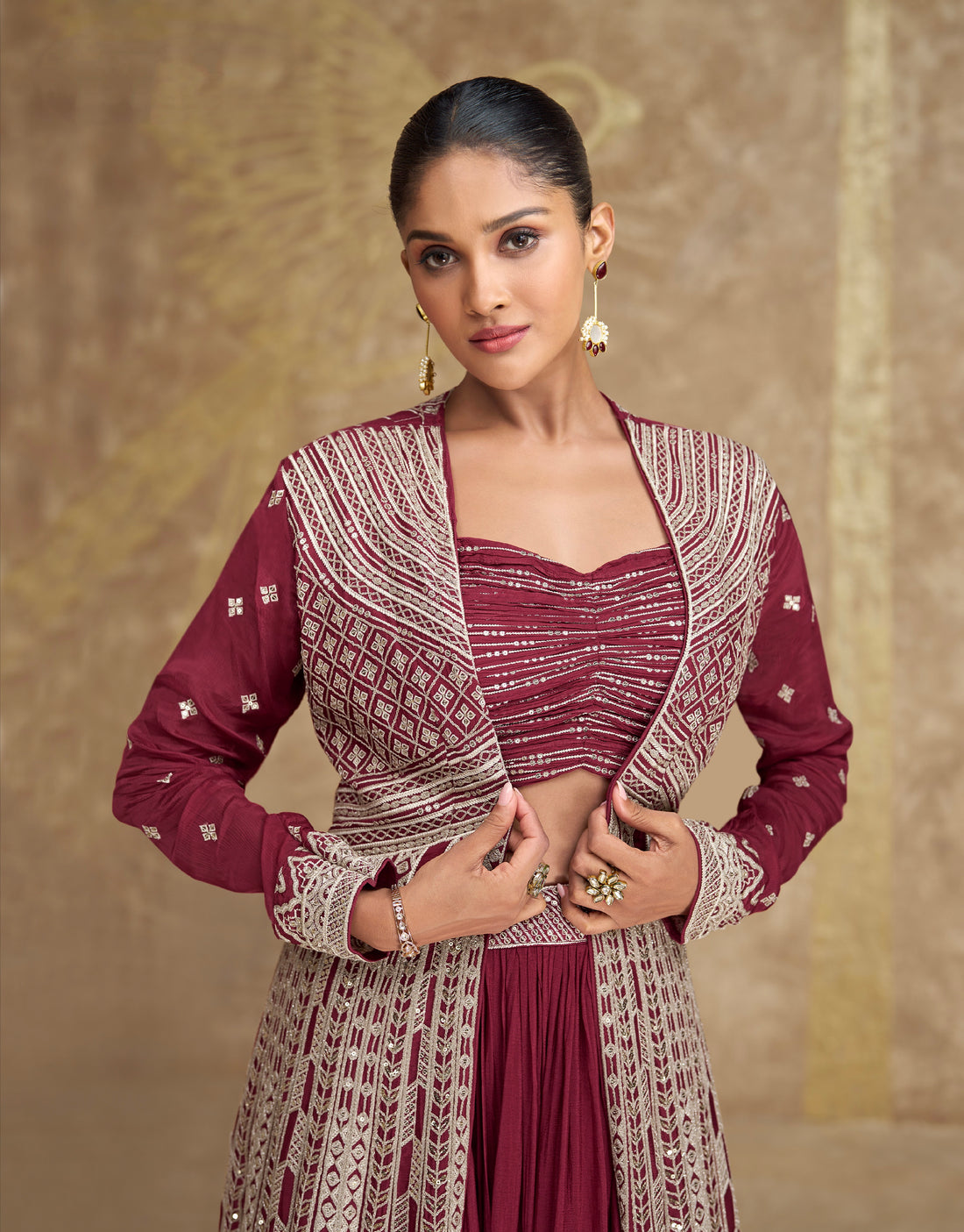 Mauve Embroidered Anarkali Suit with Palazzo Pants in Chinon Silk