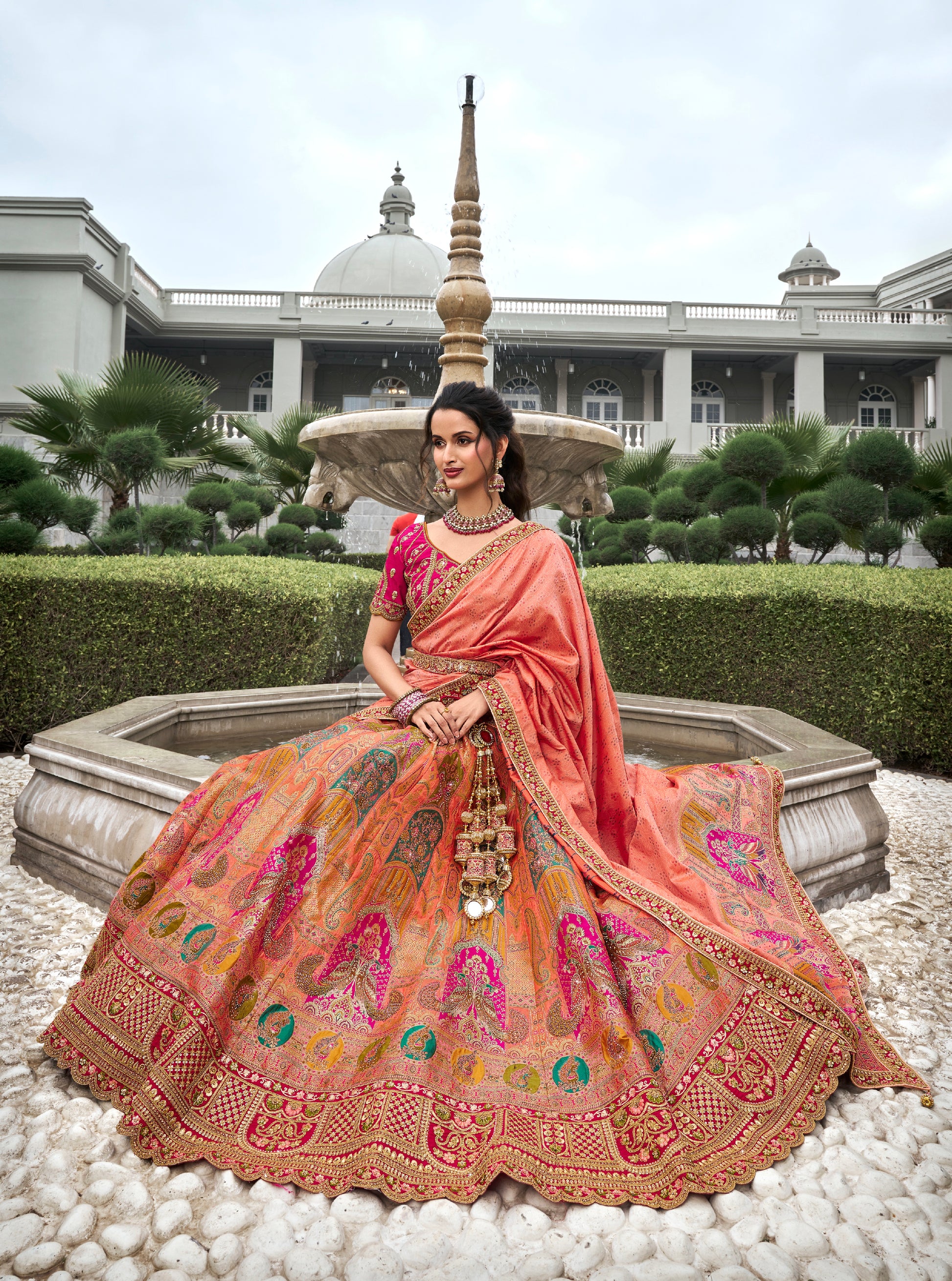 Peach & Coral Banarasi Silk Lehenga Choli with Zarkan Codding Work