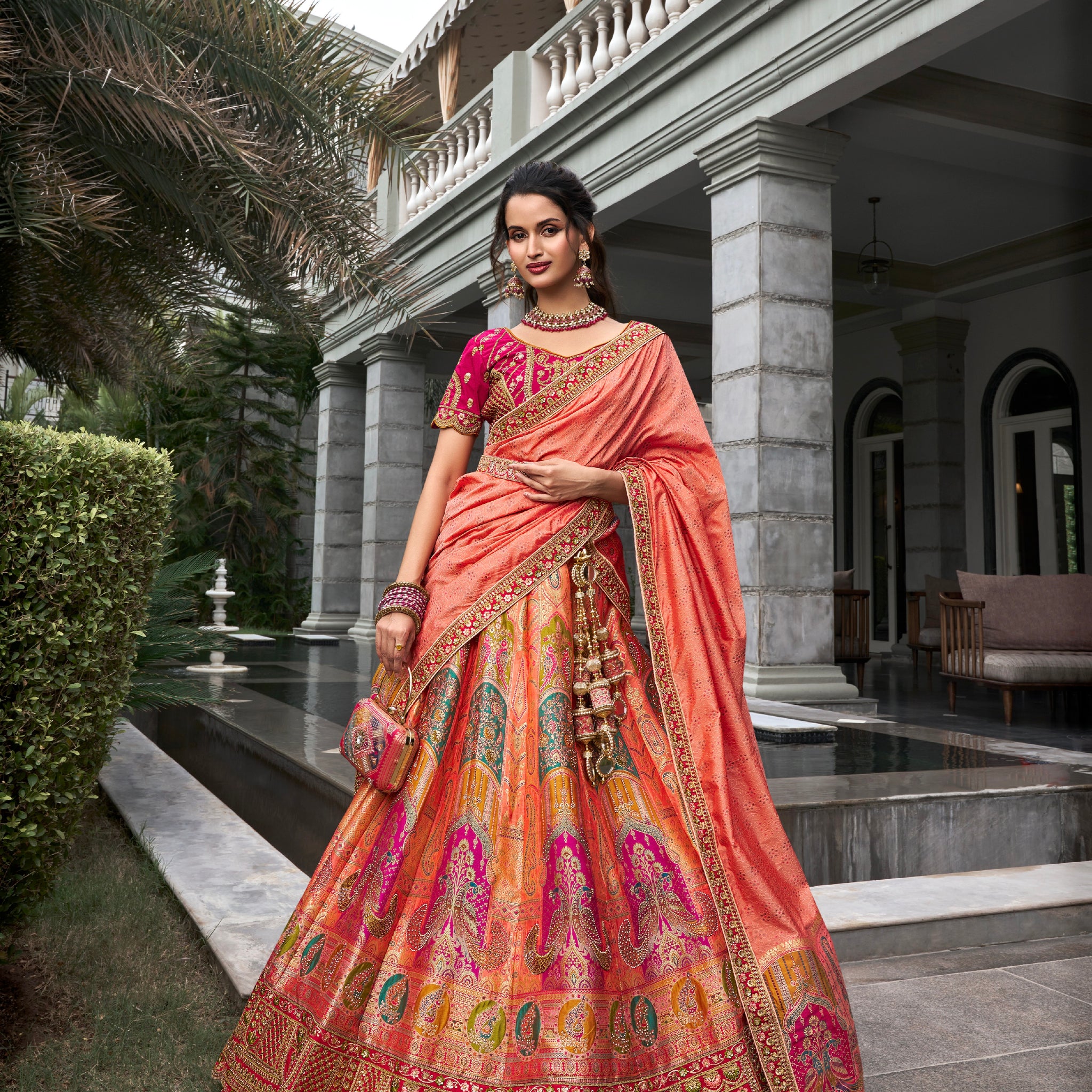 Peach & Coral Banarasi Silk Lehenga Choli with Zarkan Codding Work