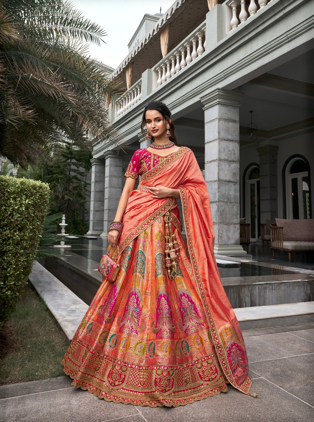 Peach & Coral Banarasi Silk Lehenga Choli with Zarkan Codding Work