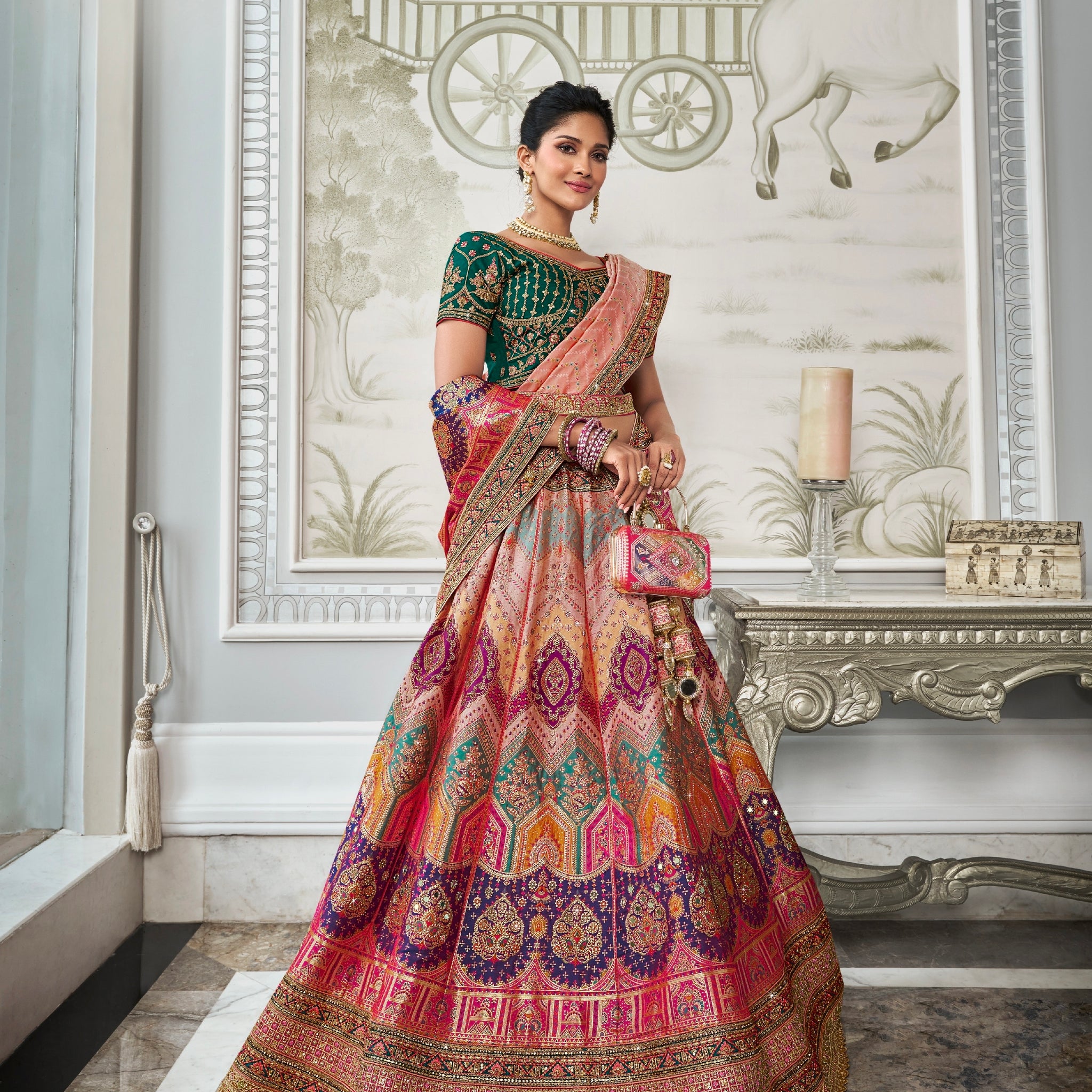 Multicolor Banarasi Silk Lehenga Choli with Zarkan Embroidery Work