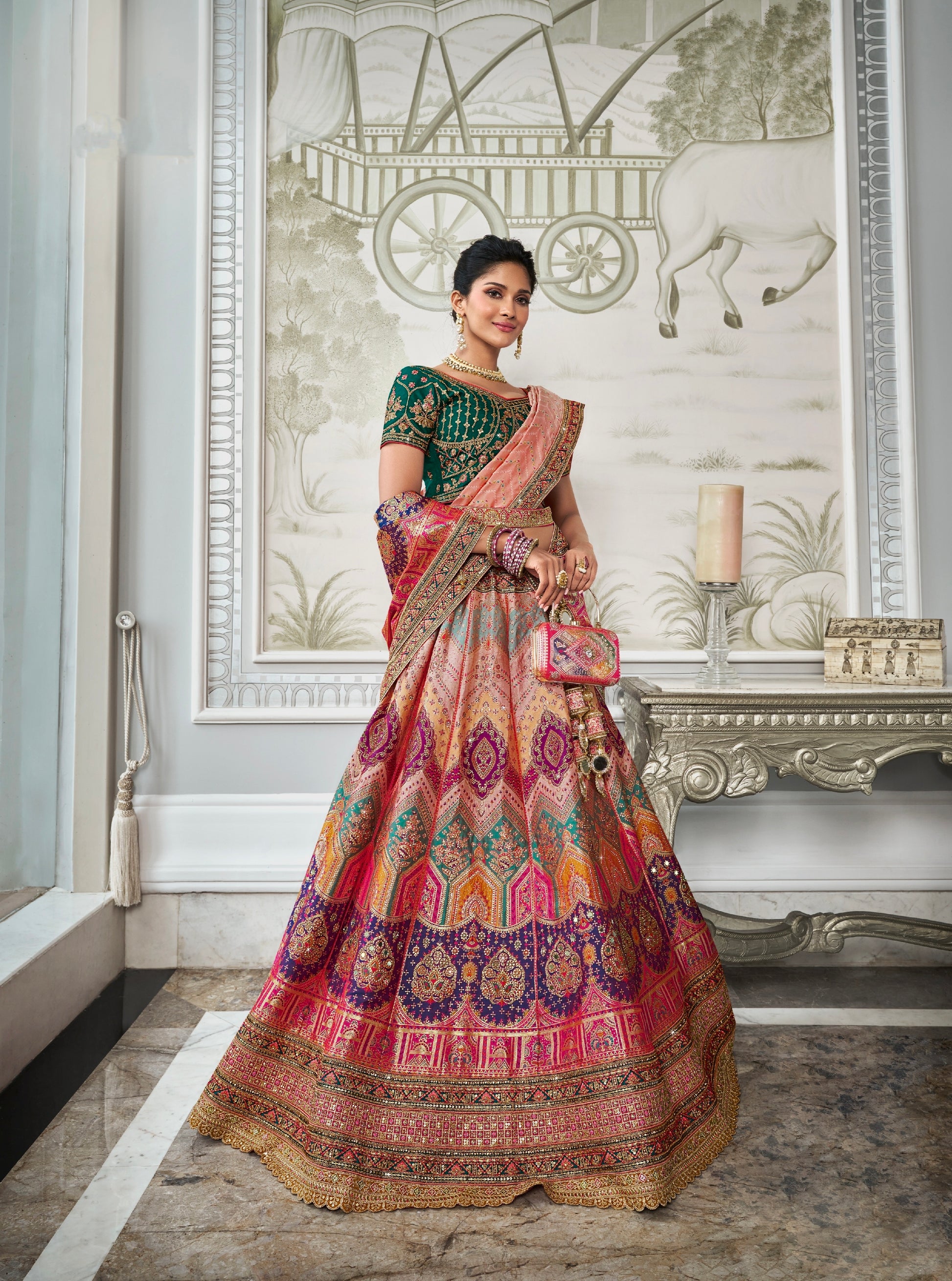 Multicolor Banarasi Silk Lehenga Choli with Zarkan Embroidery Work