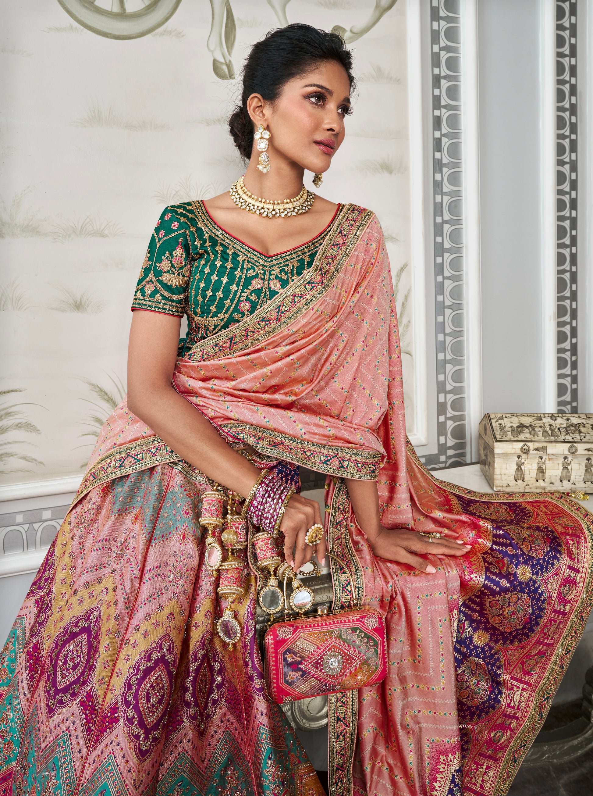 Multicolor Banarasi Silk Lehenga Choli with Zarkan Embroidery Work