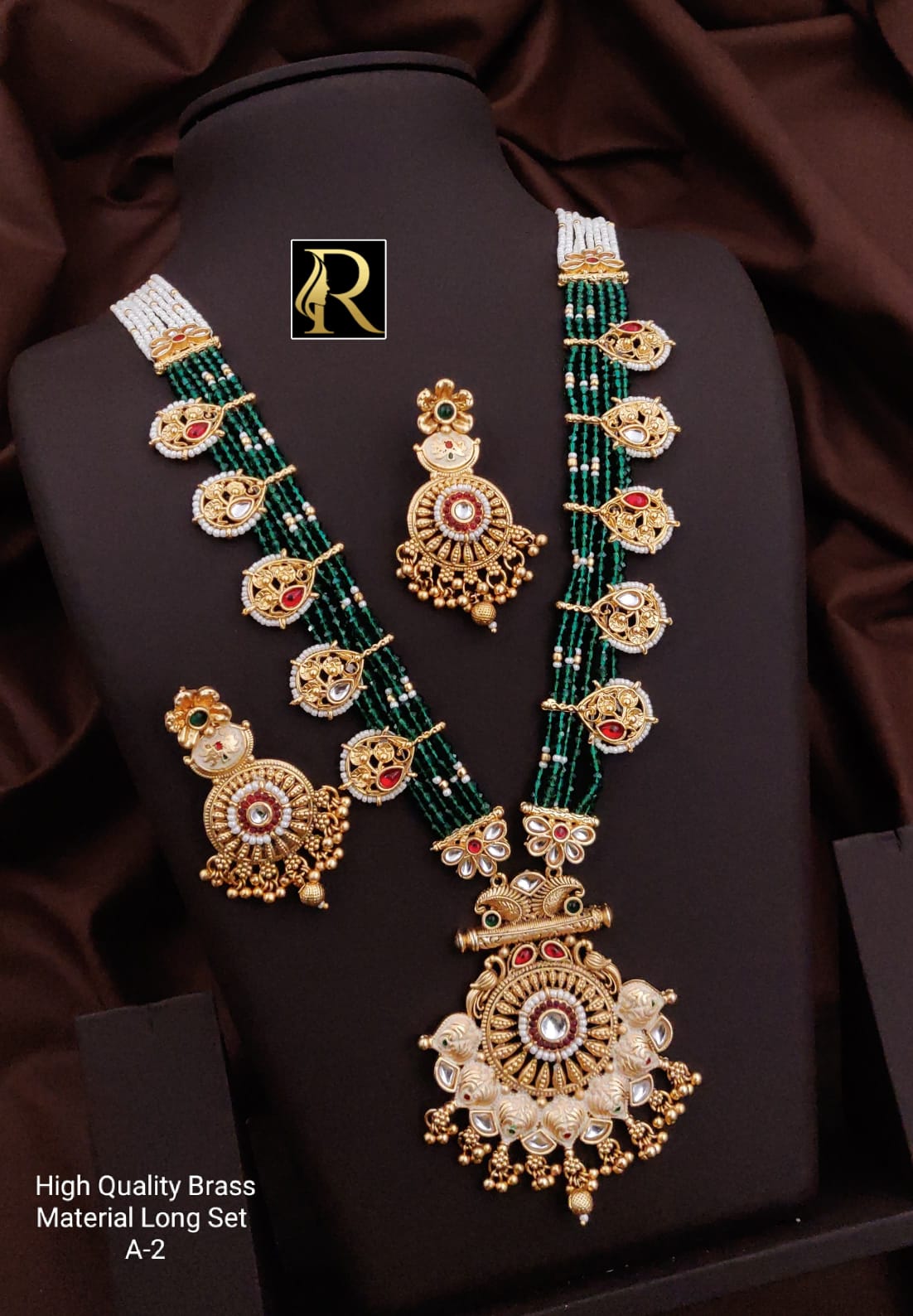 Brass High Gold Antique Rajwadi Long Crystal Necklace Set with Beautiful Earrings