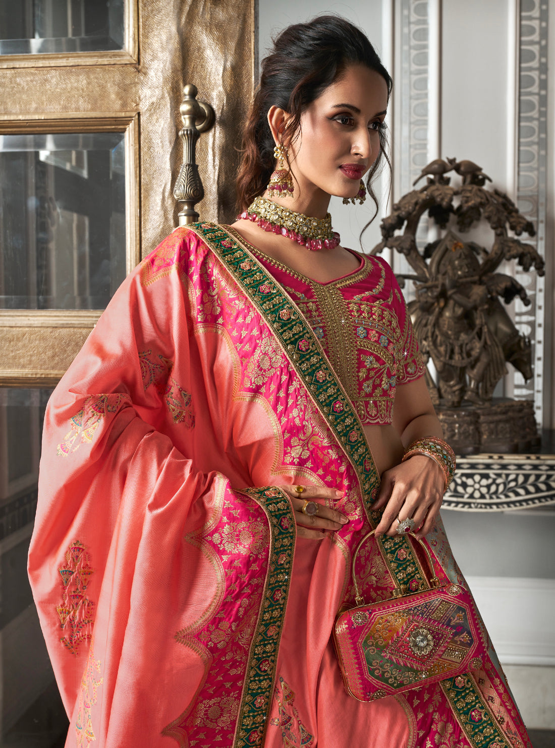 Pink Banarasi Silk Lehenga Choli with Zarkan Codding Work