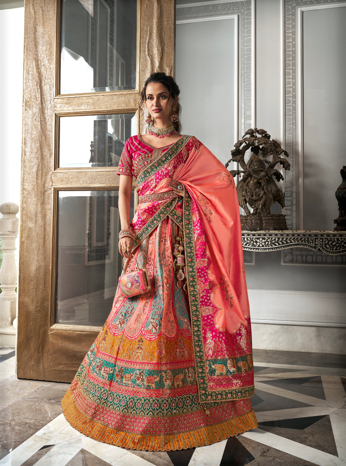 Pink Banarasi Silk Lehenga Choli with Zarkan Codding Work