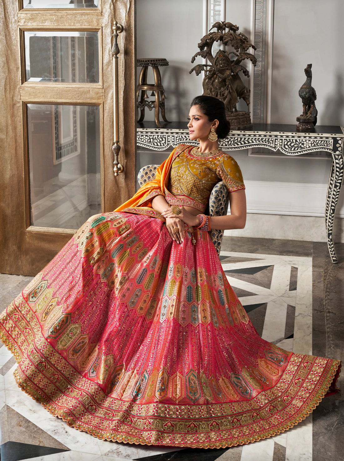 Orange & Gold Banarasi Silk Lehenga Choli with Zarkan Work