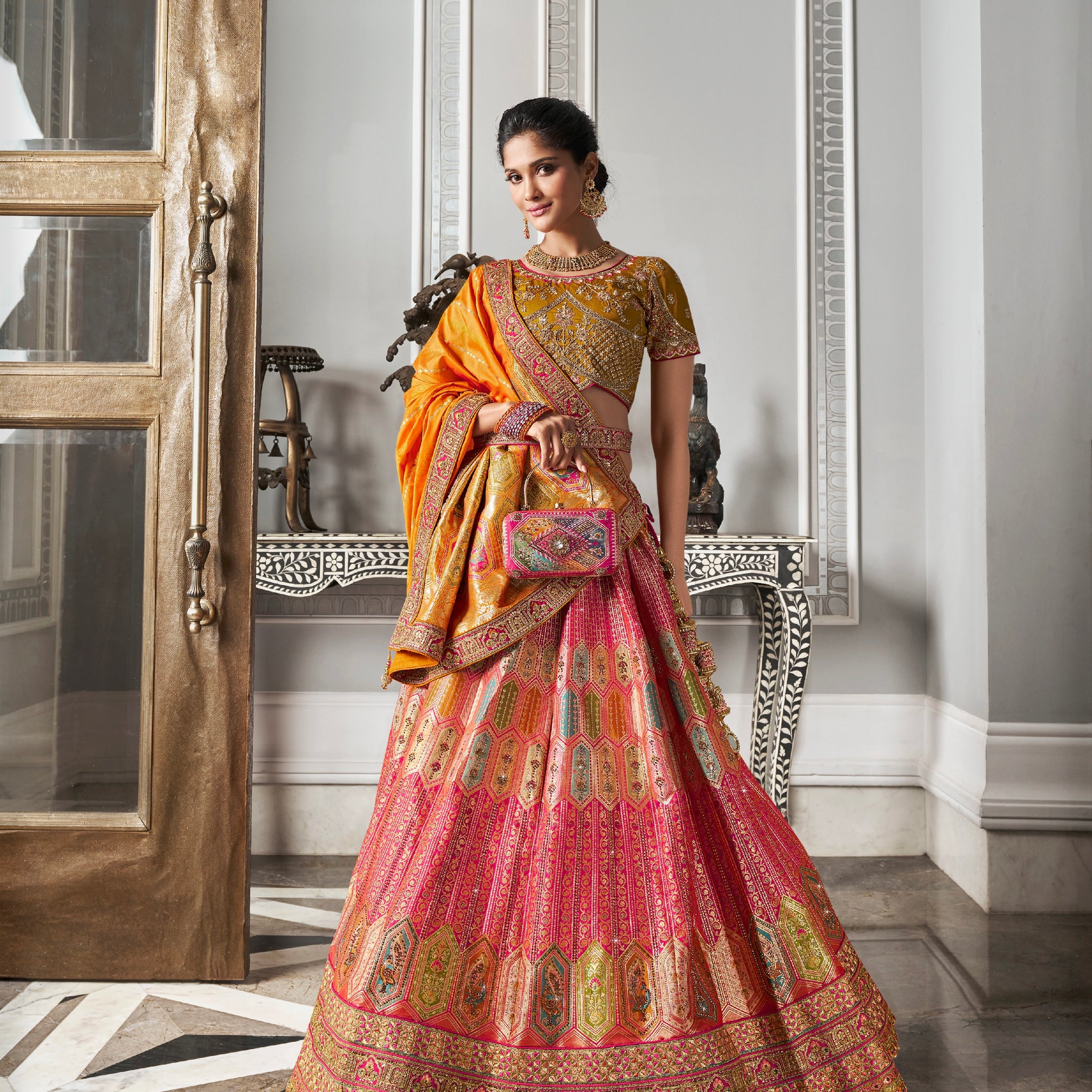 Orange & Gold Banarasi Silk Lehenga Choli with Zarkan Work