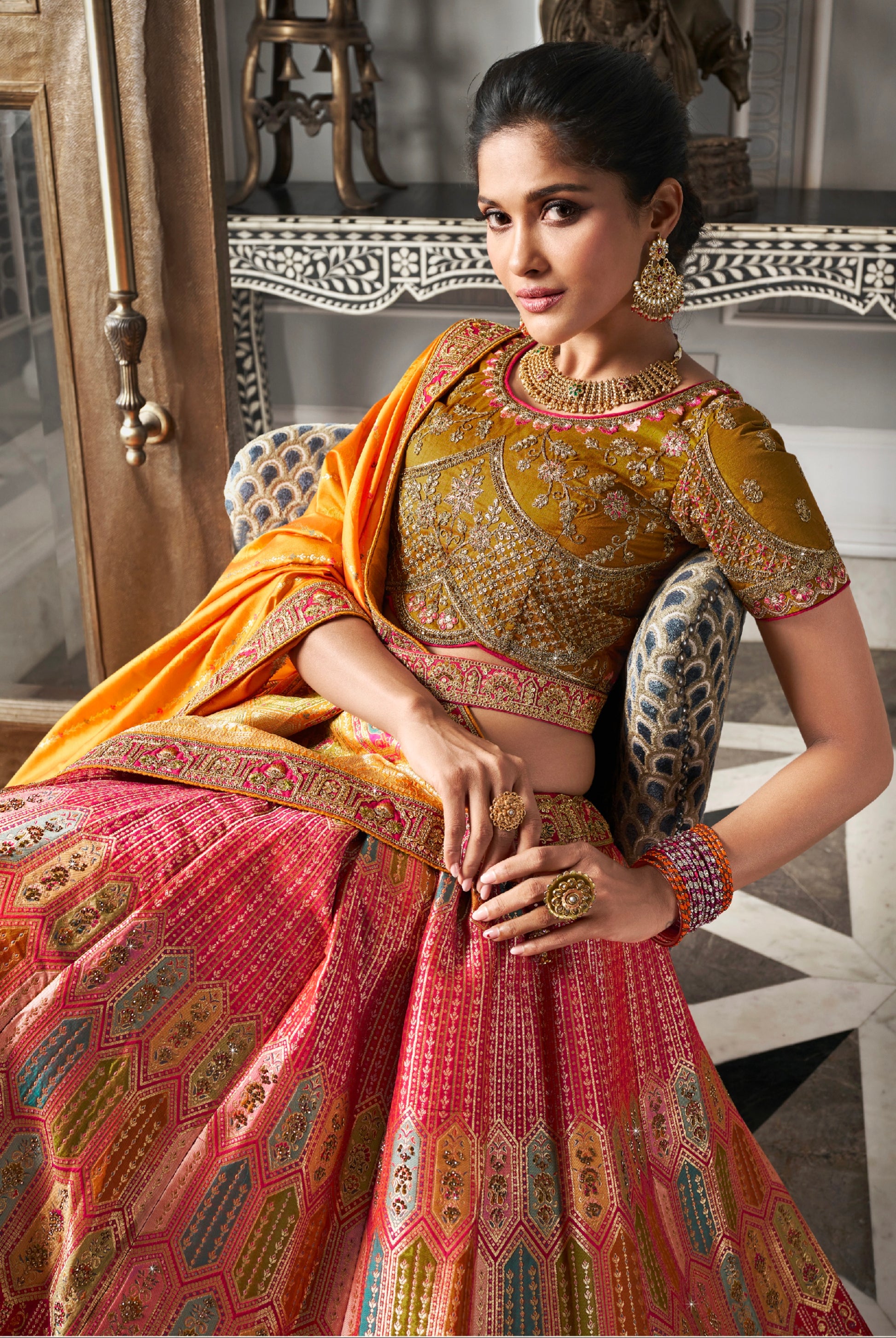 Orange & Gold Banarasi Silk Lehenga Choli with Zarkan Work