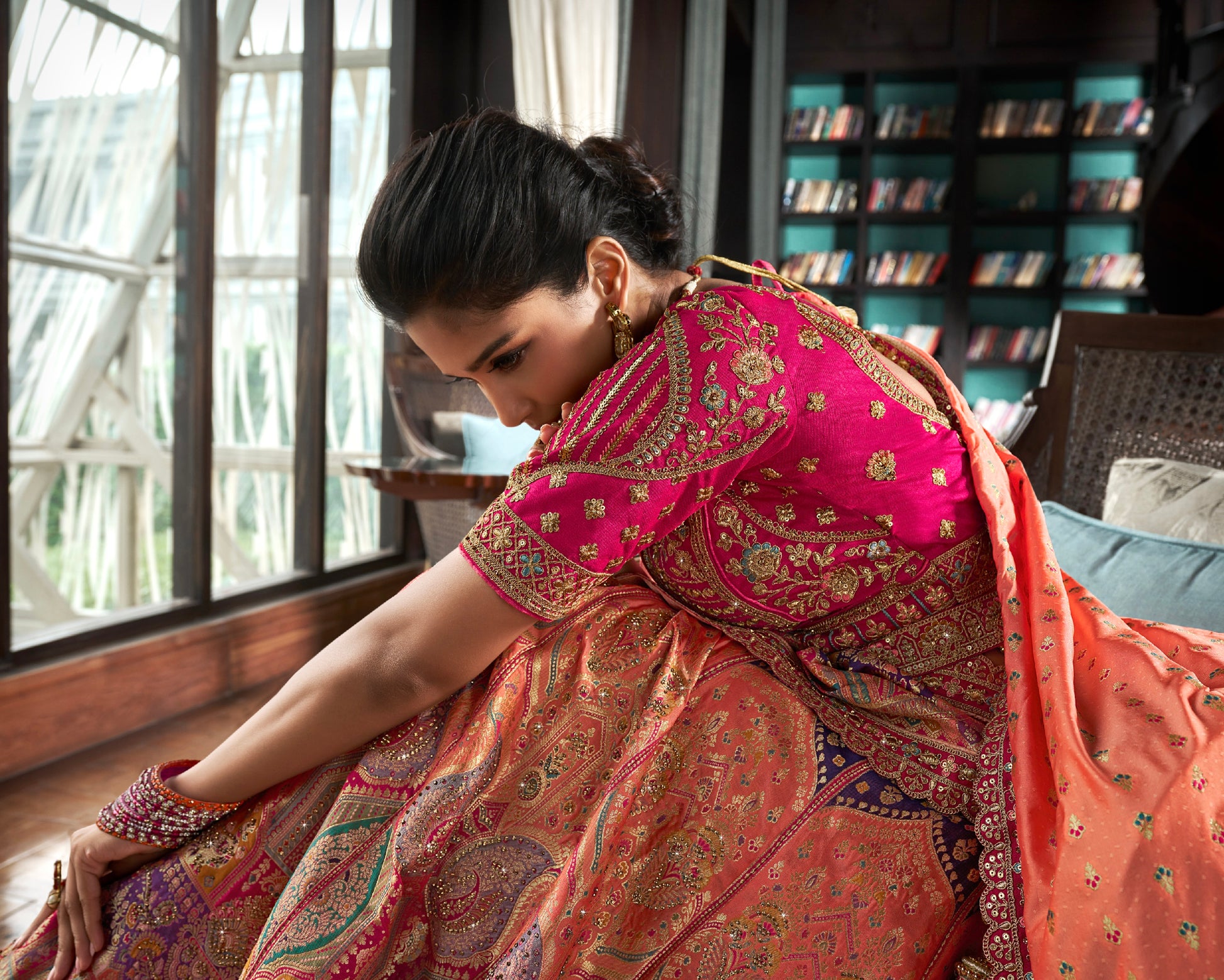 Orange & Pink Banarasi Silk Lehenga with Zarkan Codding Work