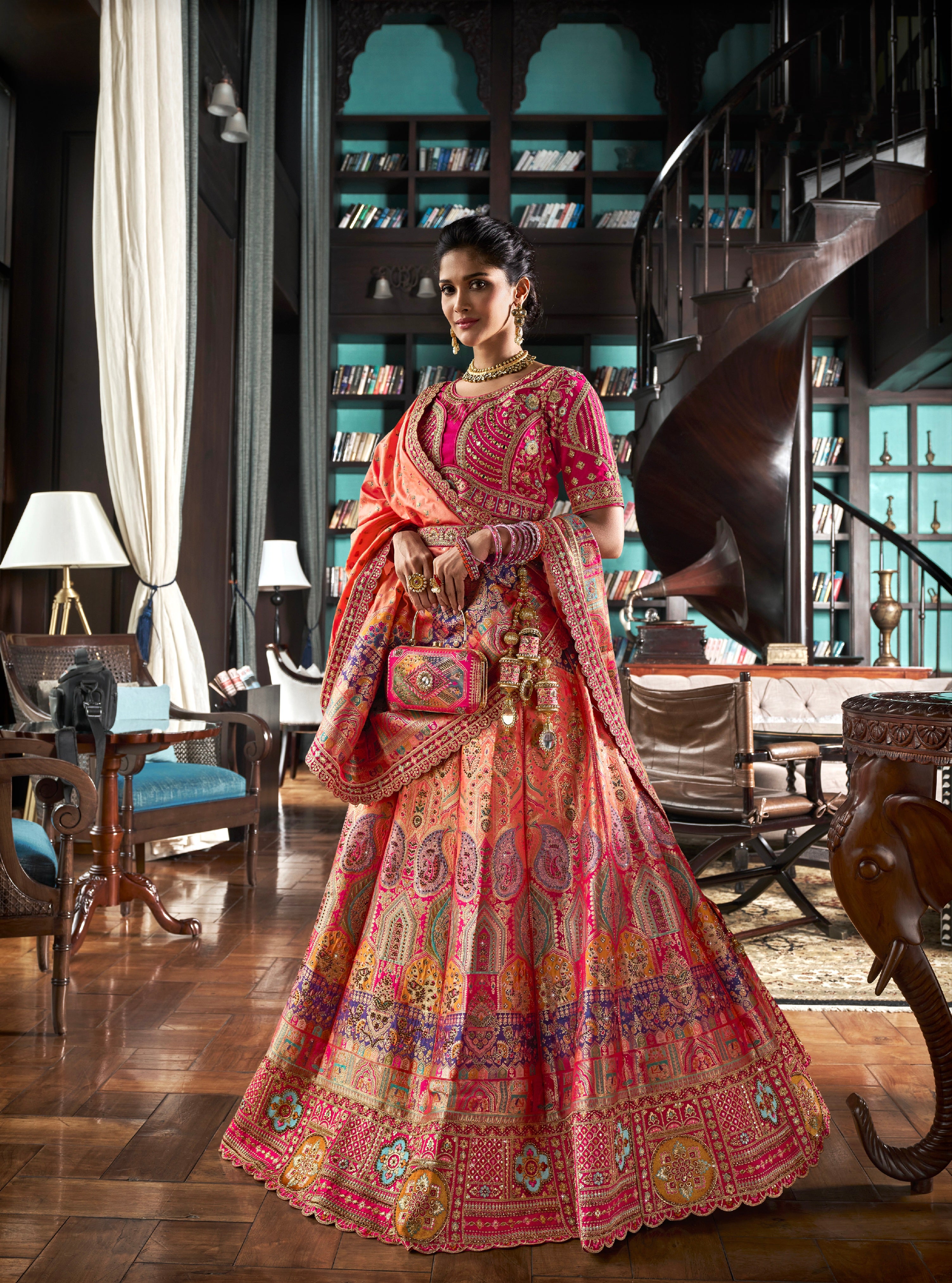 Orange Pink Banarasi Silk Lehenga with Zarkan Codding Work