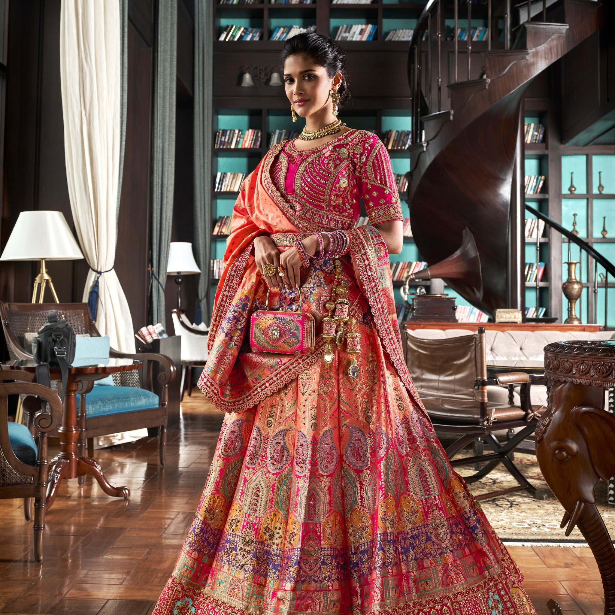 Orange & Pink Banarasi Silk Lehenga with Zarkan Codding Work