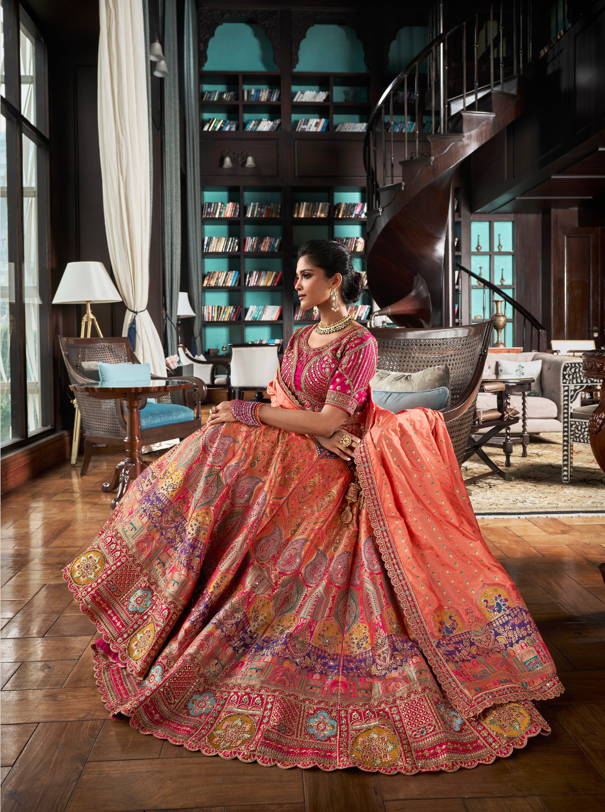 Orange & Pink Banarasi Silk Lehenga with Zarkan Codding Work