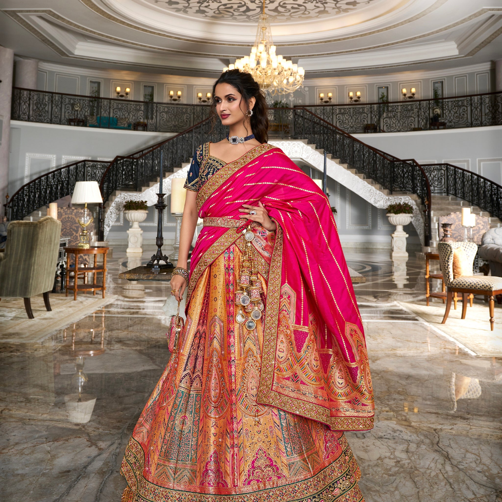 Red & Orange Banarasi Silk Lehenga Choli with Zarkan Codding Work