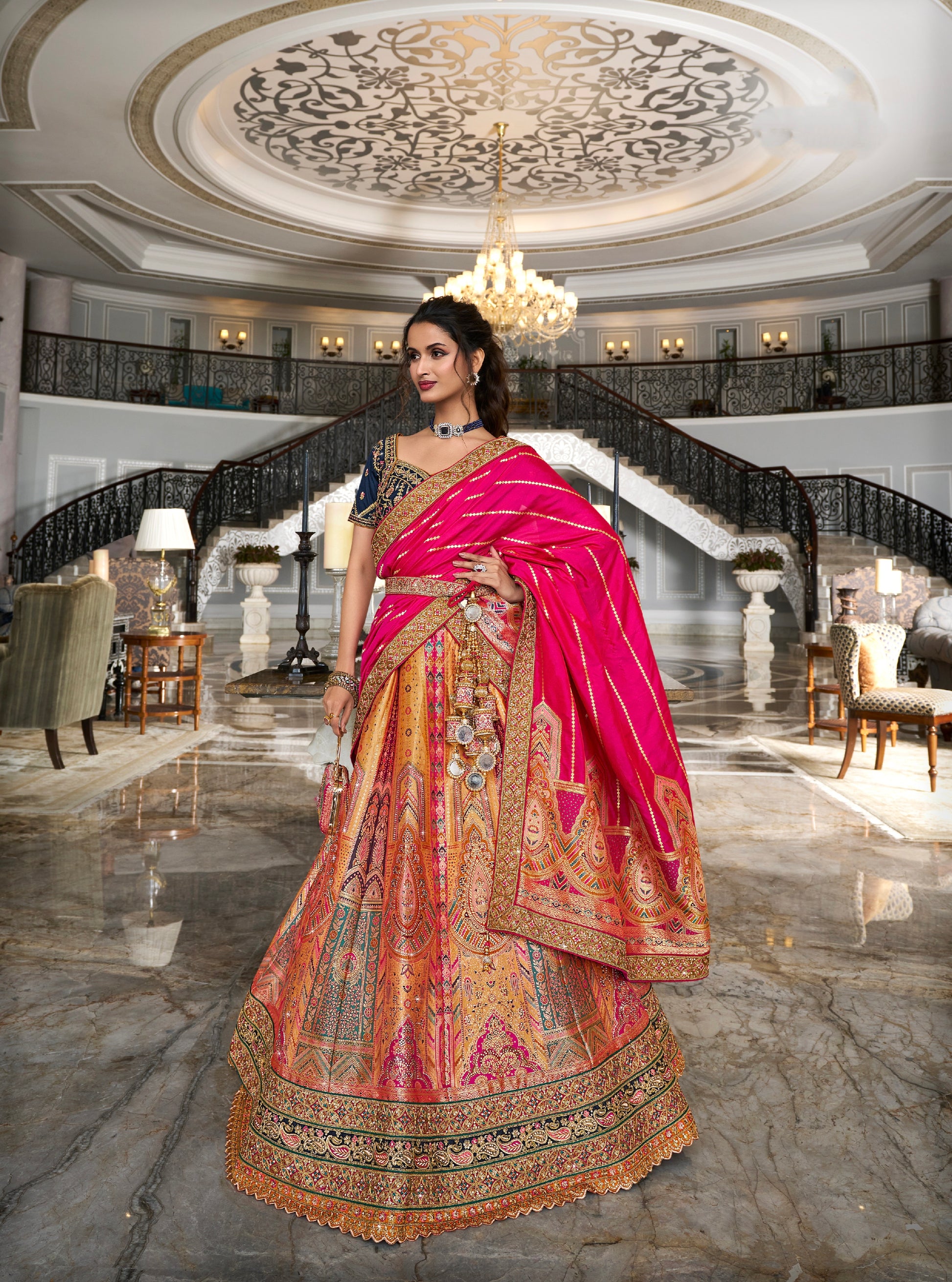 Red & Orange Banarasi Silk Lehenga Choli with Zarkan Codding Work