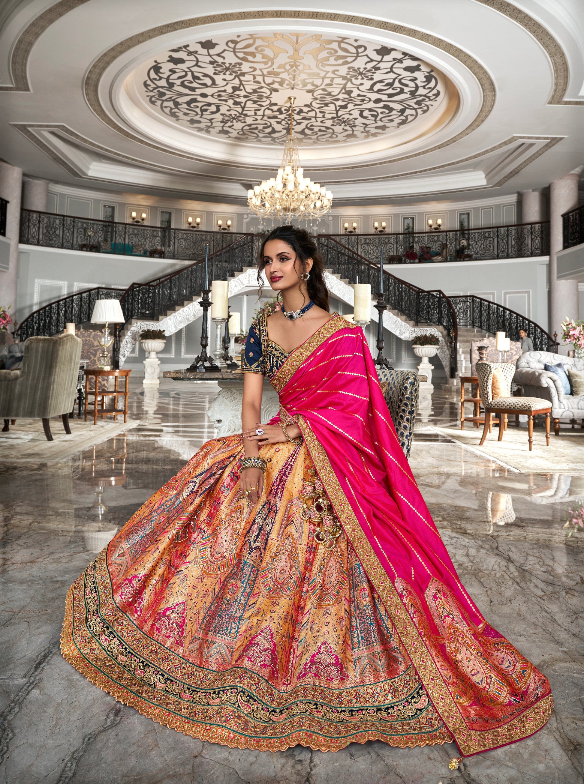 Red & Orange Banarasi Silk Lehenga Choli with Zarkan Codding Work