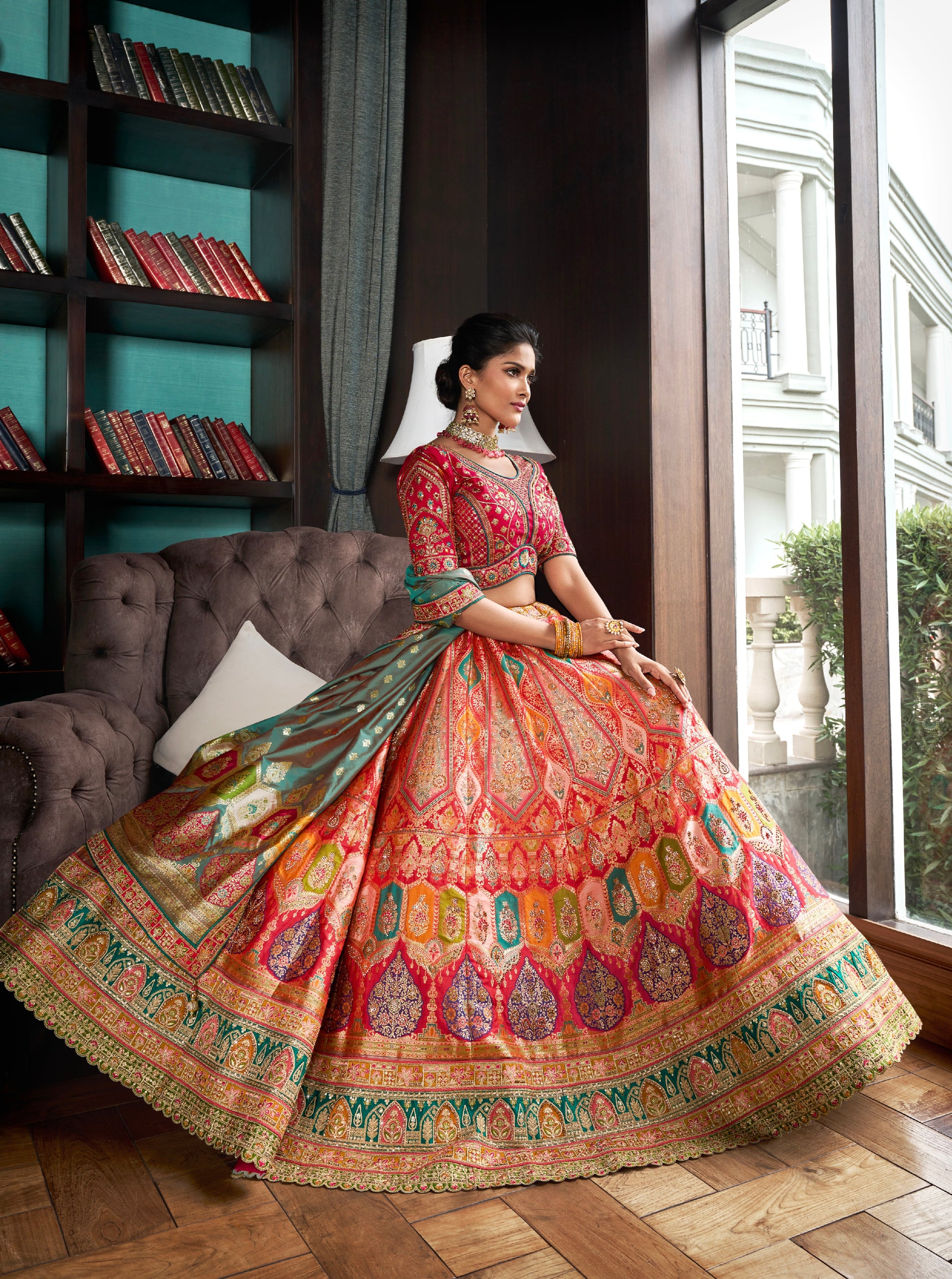 Pink & Green Banarasi Silk Lehenga with Zarkan Codding Work