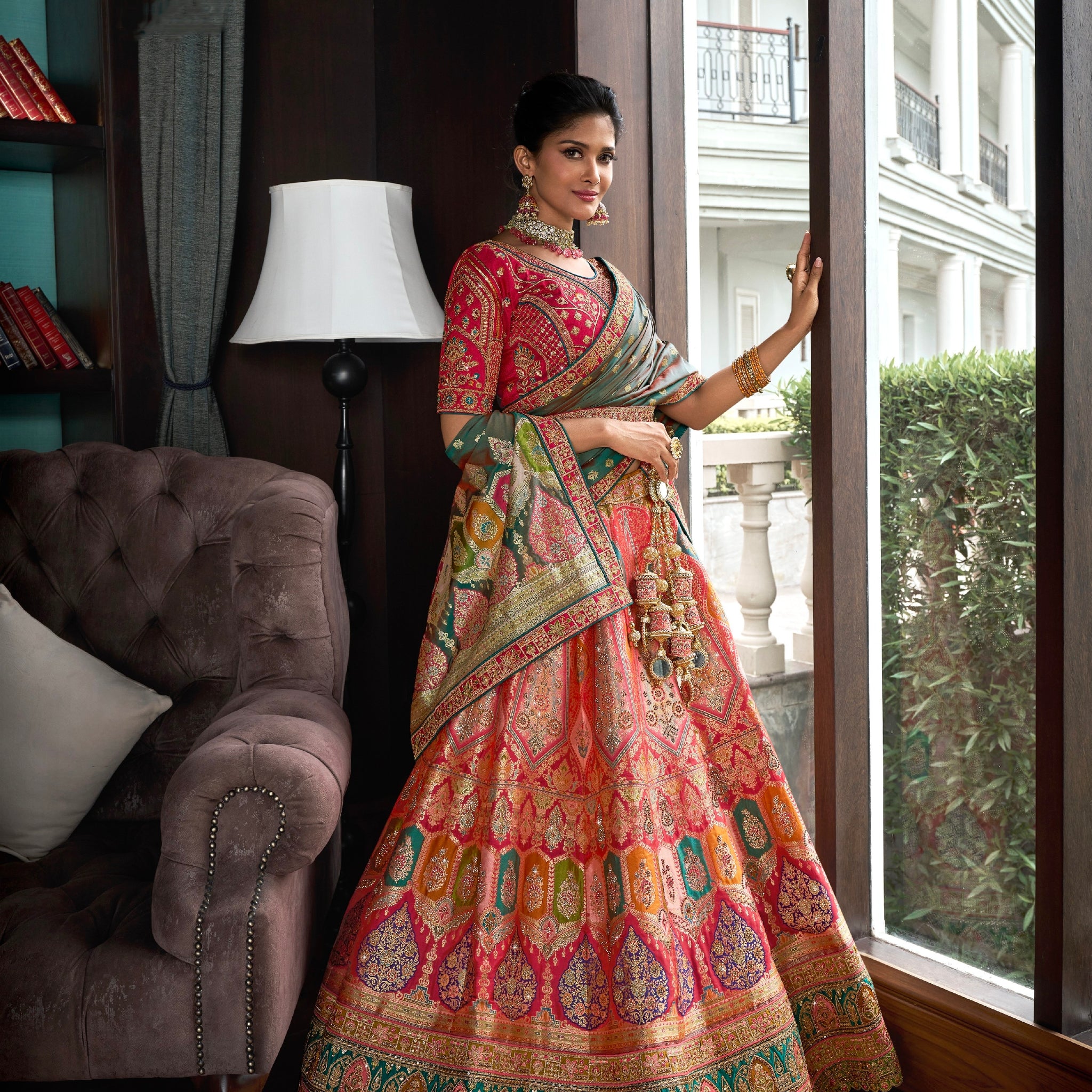 Pink & Green Banarasi Silk Lehenga with Zarkan Codding Work