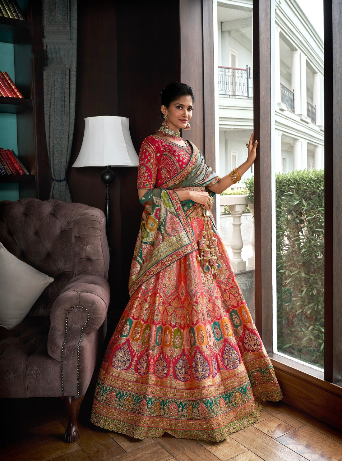 Pink & Green Banarasi Silk Lehenga with Zarkan Codding Work