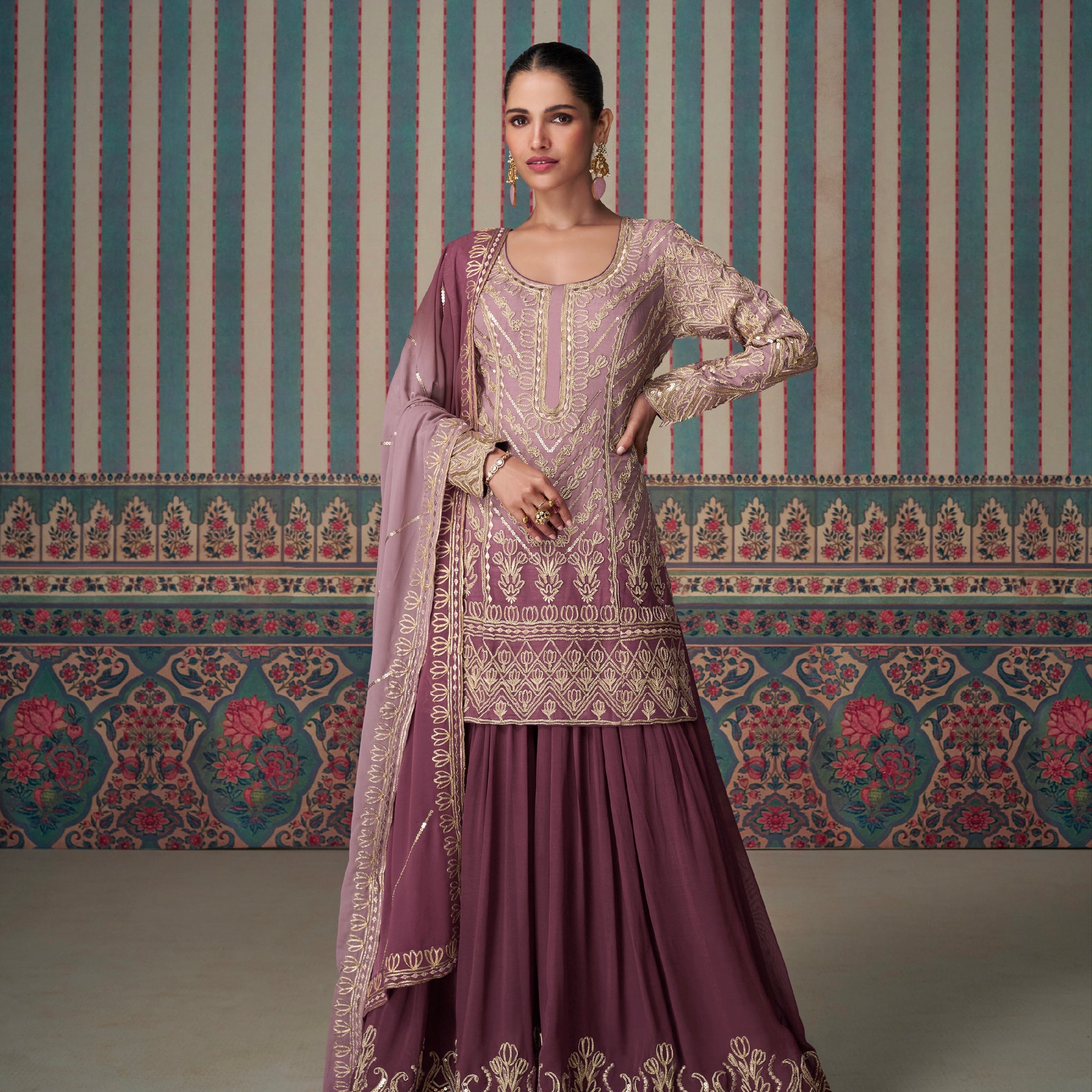 Plum Georgette Sharara Set with Embroidered Dupatta