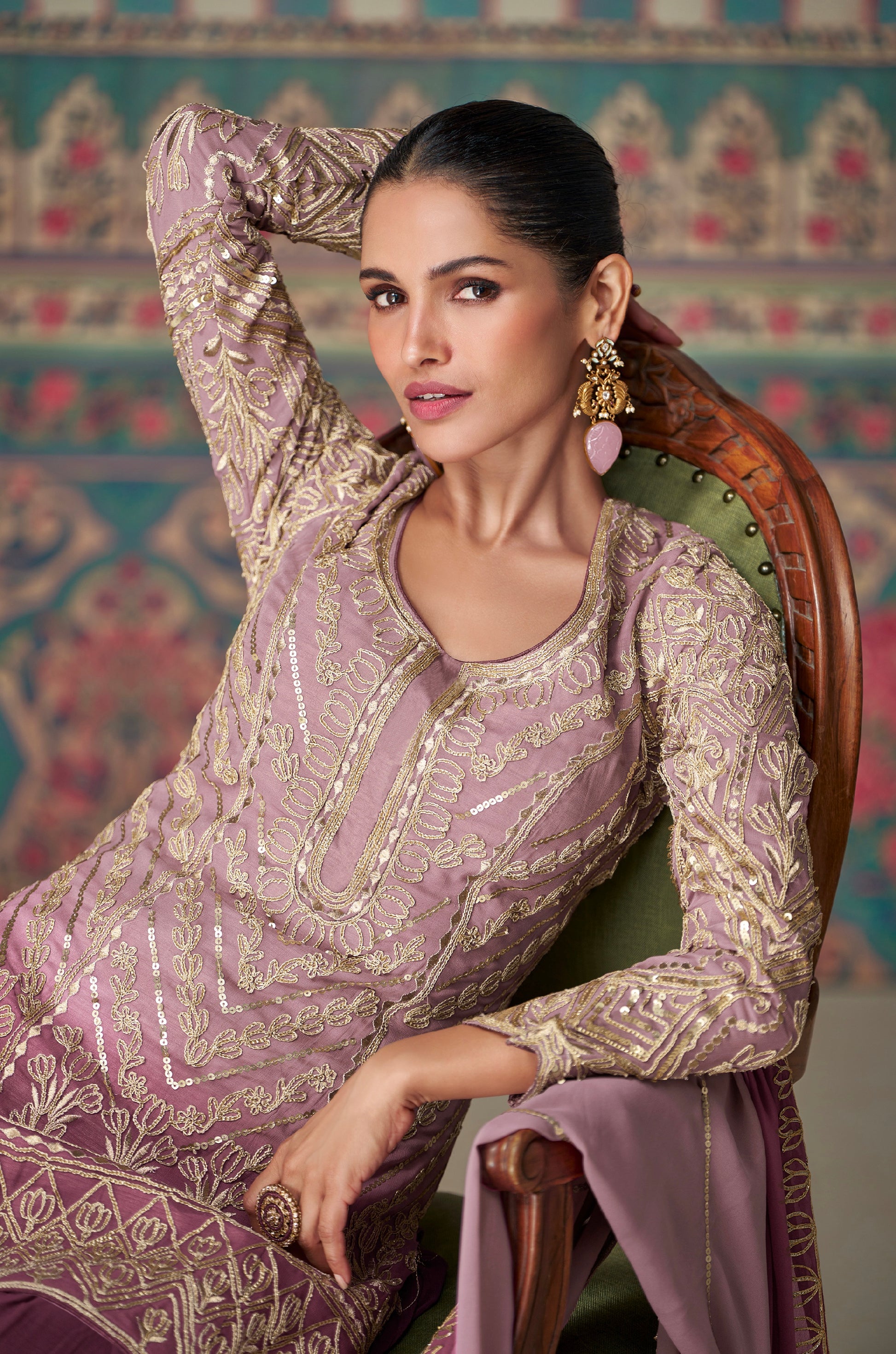 Plum Georgette Sharara Set with Embroidered Dupatta