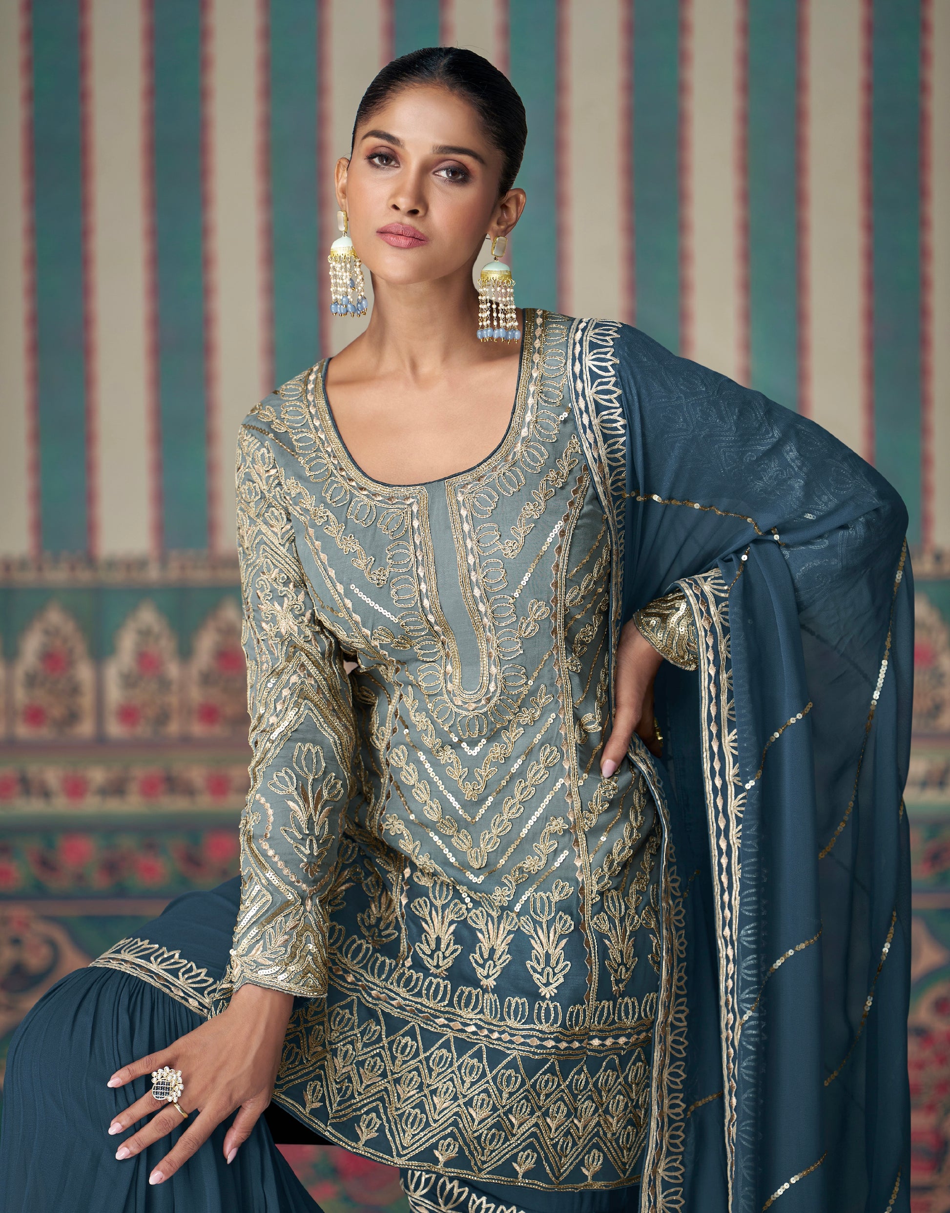 Rich Navy Blue Georgette Sharara Set with Embroidered Dupatta