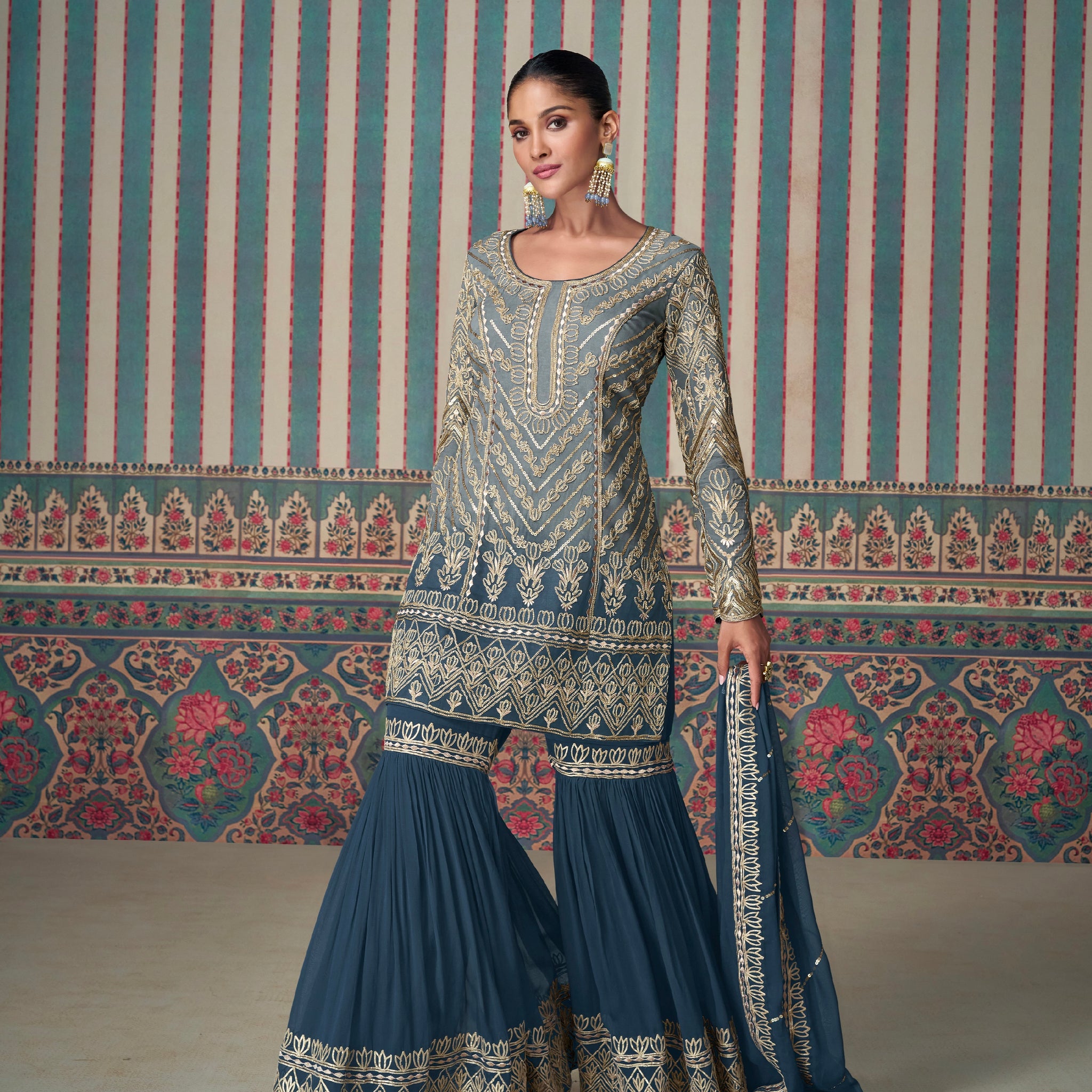 Rich Navy Blue Georgette Sharara Set with Embroidered Dupatta