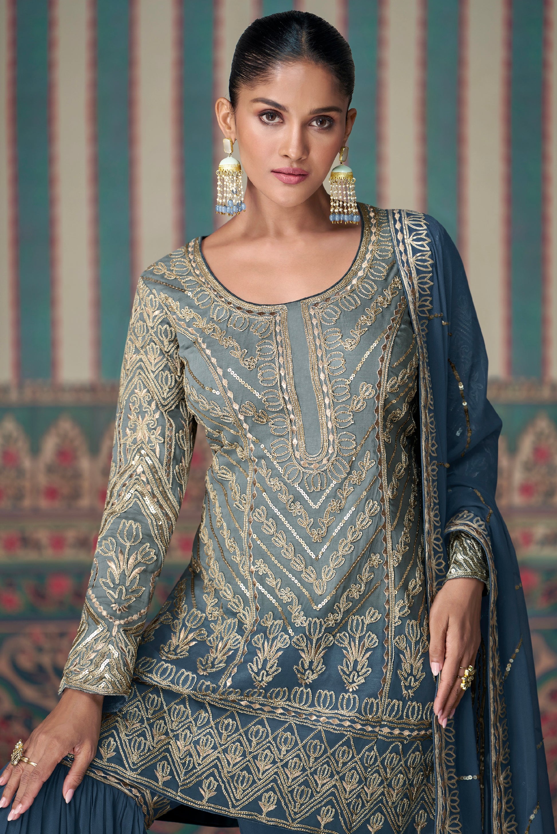 Rich Navy Blue Georgette Sharara Set with Embroidered Dupatta