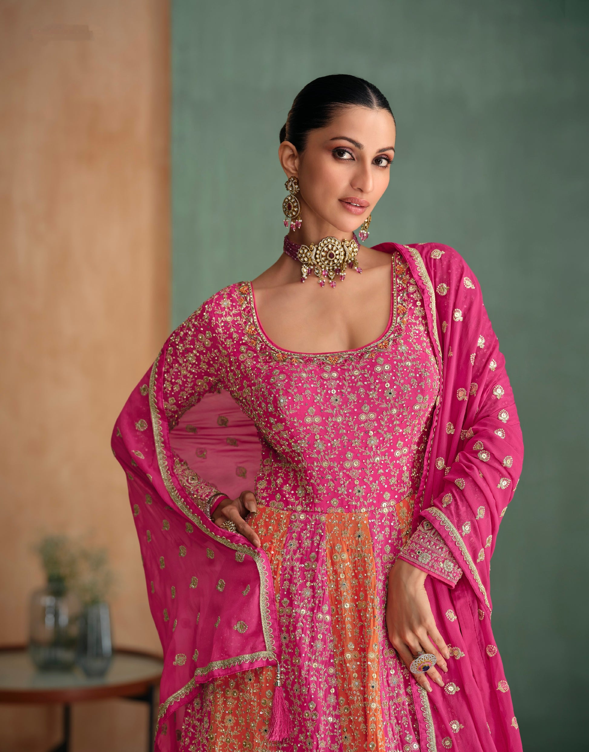 Pink Georgette Anarkali with Embroidered Dupatta Set