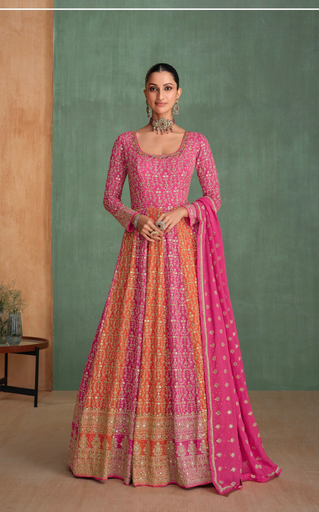 Pink Georgette Anarkali with Embroidered Dupatta Set