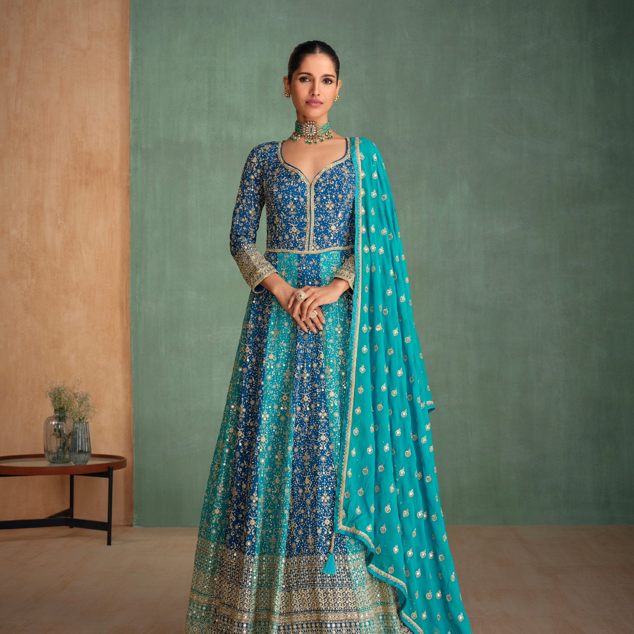 Blue Georgette Anarkali with Heavy Embroidered Dupatta