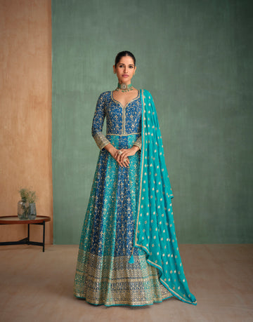 Blue Georgette Anarkali with Heavy Embroidered Dupatta