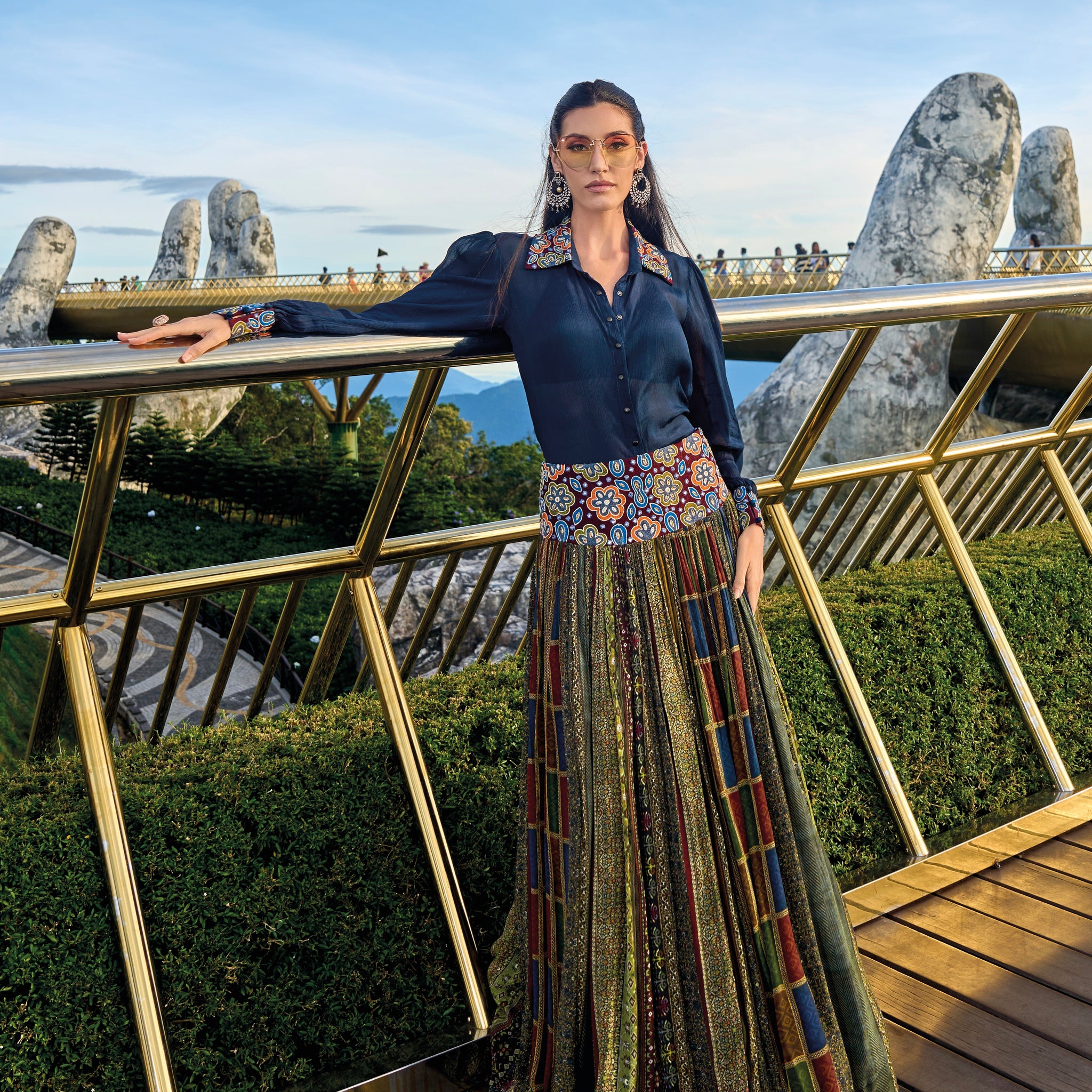 Navy Blue Chinon Embroidered Shirt & Multi-Color Skirt Set