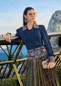 Navy Blue Chinon Embroidered Shirt & Multi-Color Skirt Set