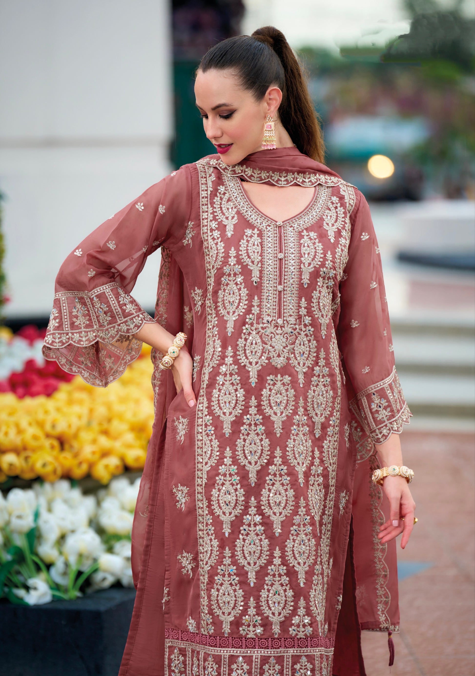 Dusty Rose Embroidered Straight Cut Suit Set