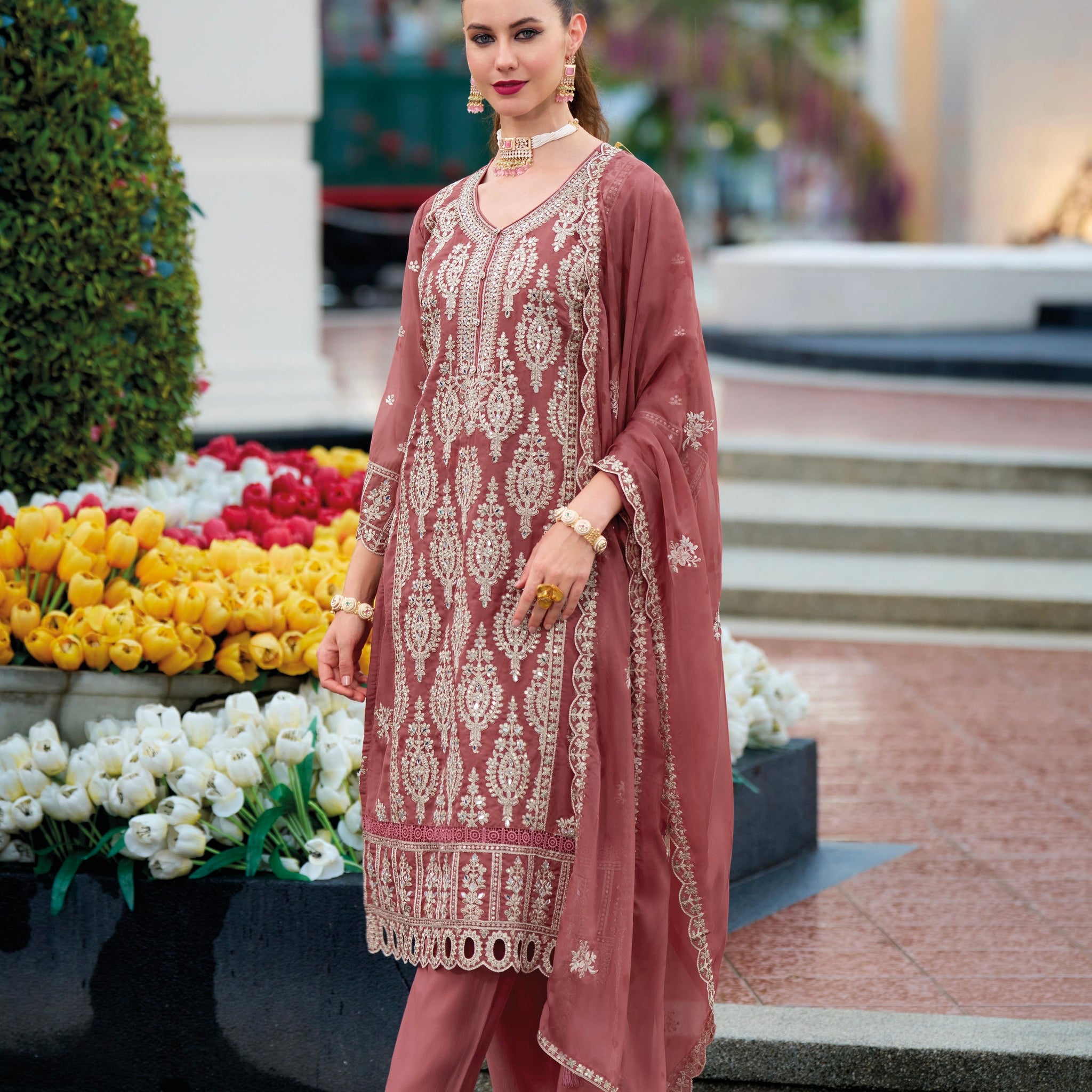 Dusty Rose Embroidered Straight Cut Suit Set