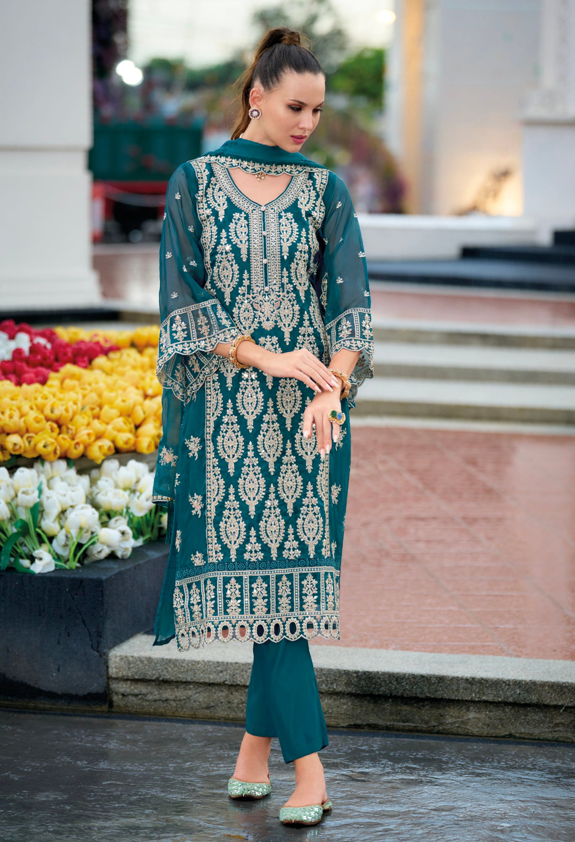 Teal Green Embroidered Straight Cut Suit Set