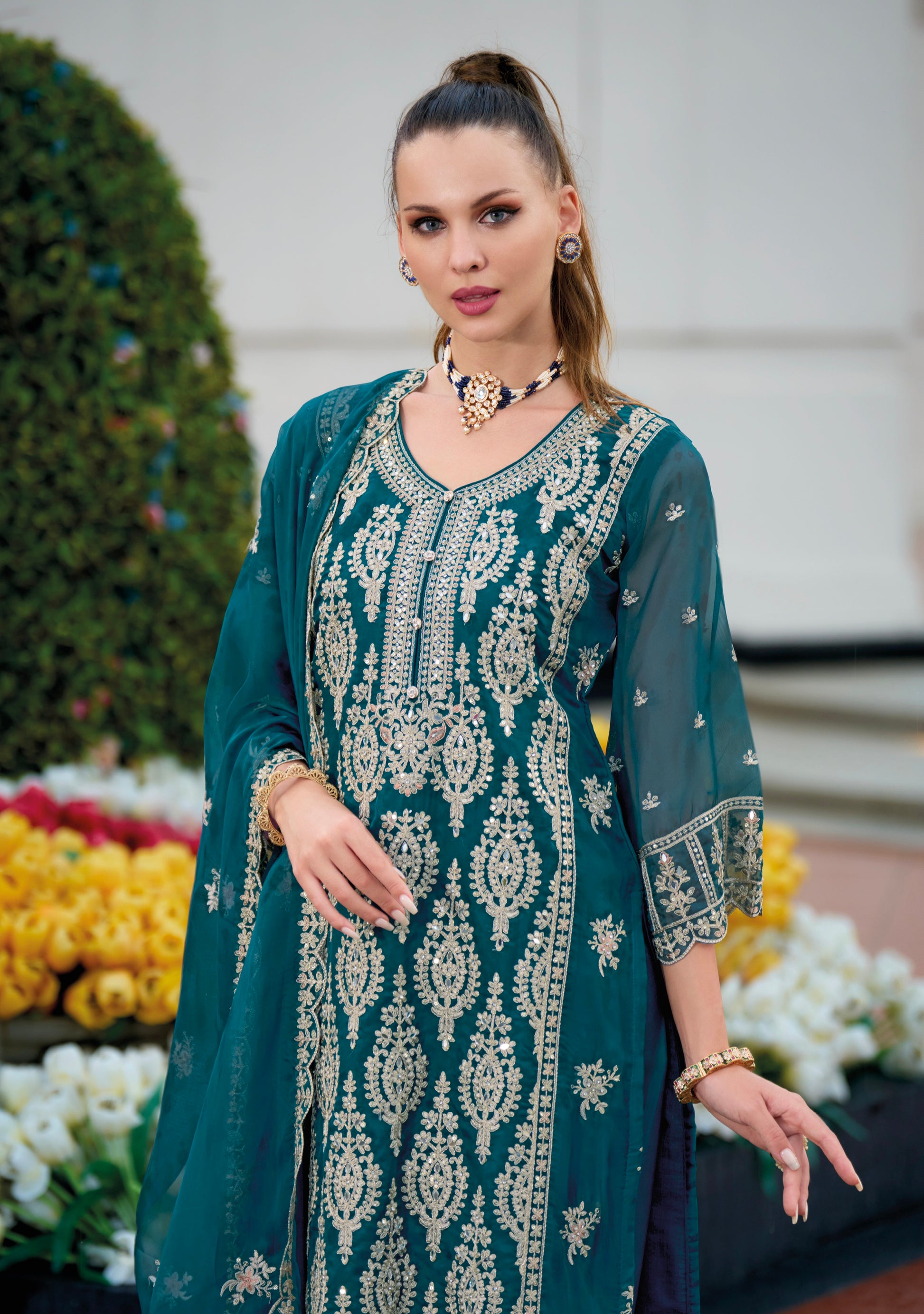 Teal Green Embroidered Straight Cut Suit Set