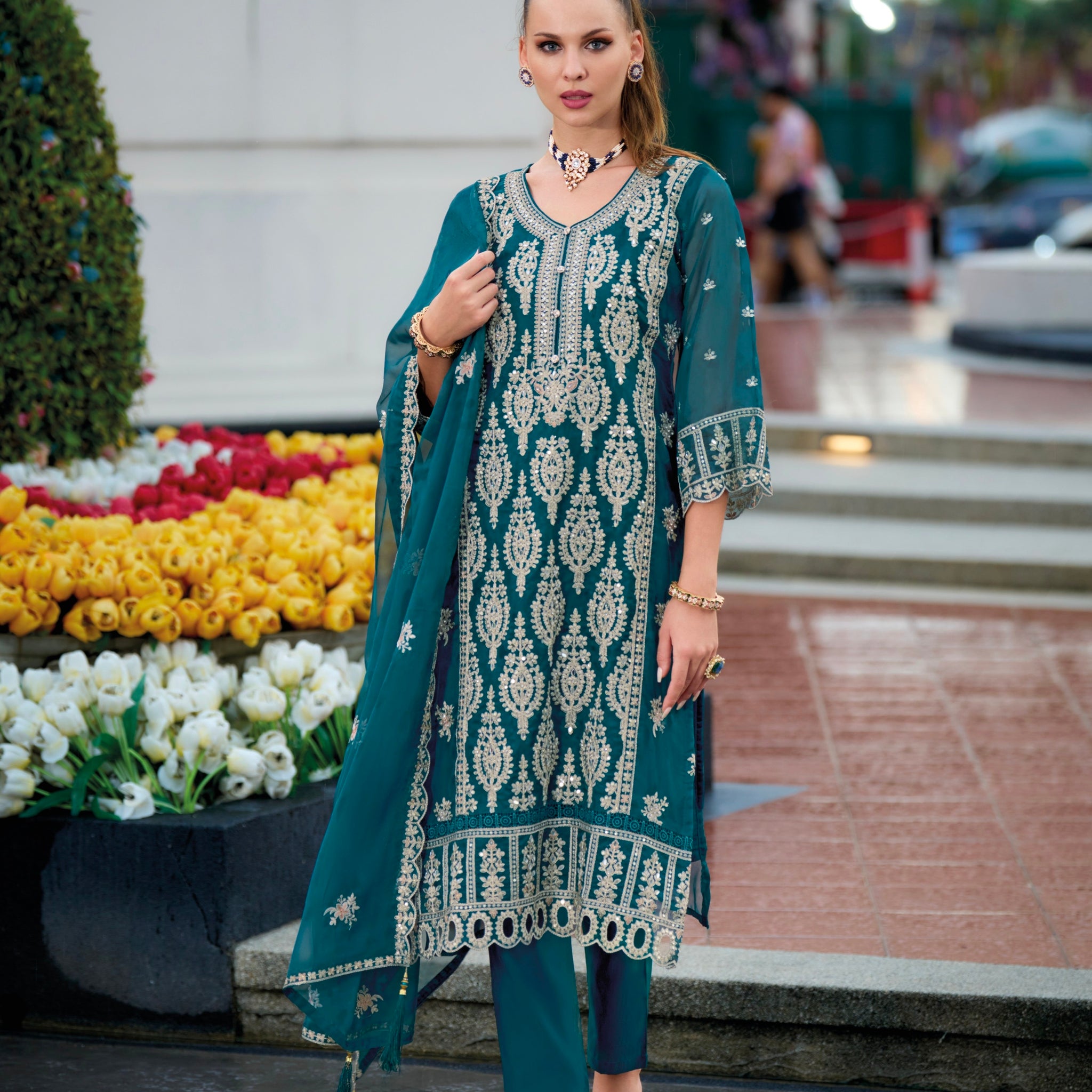 Teal Green Embroidered Straight Cut Suit Set