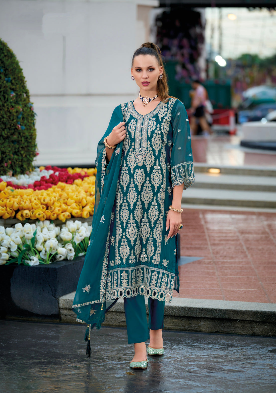 Teal Green Embroidered Straight Cut Suit Set