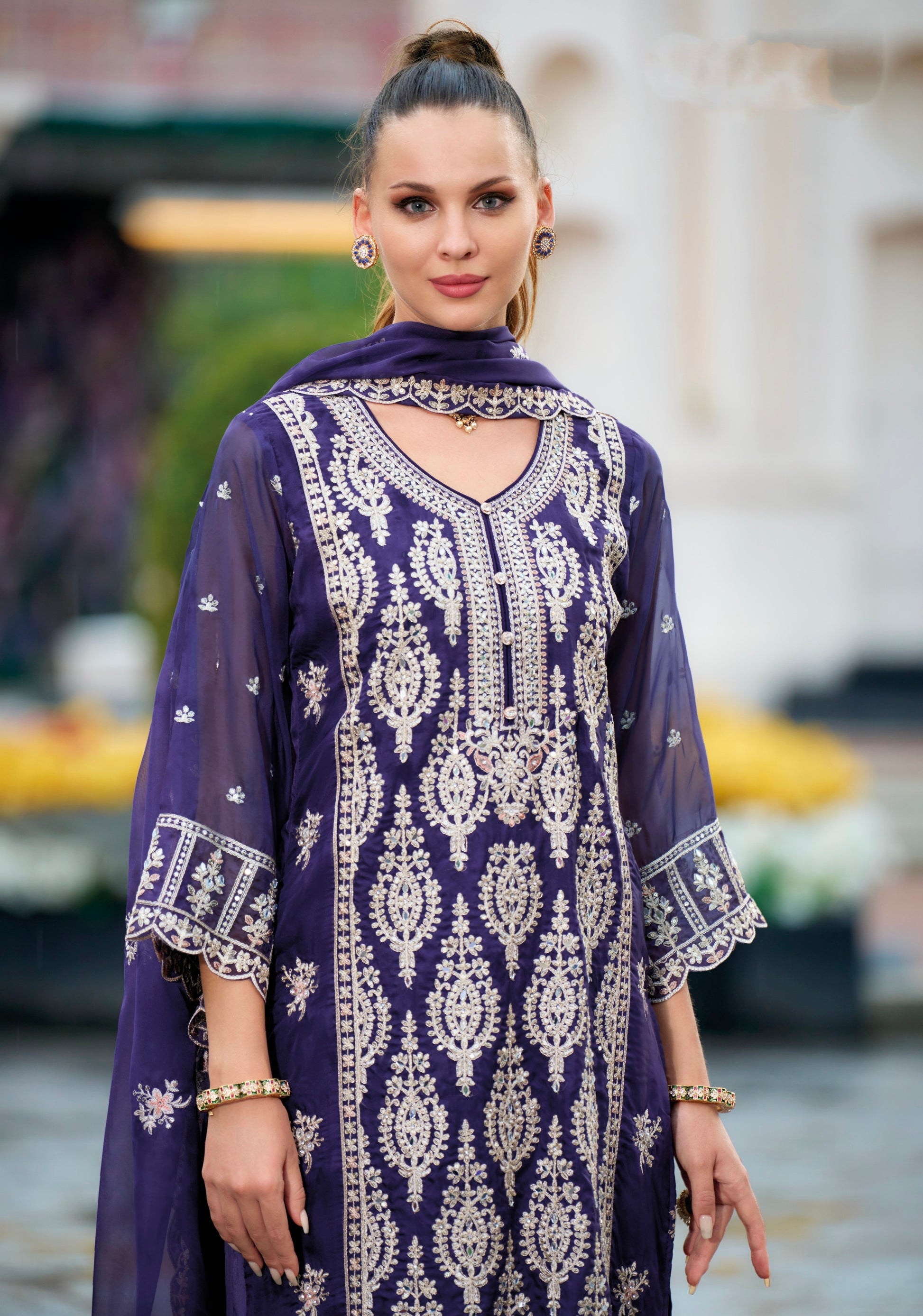 Deep Purple Embroidered Straight Cut Suit Set