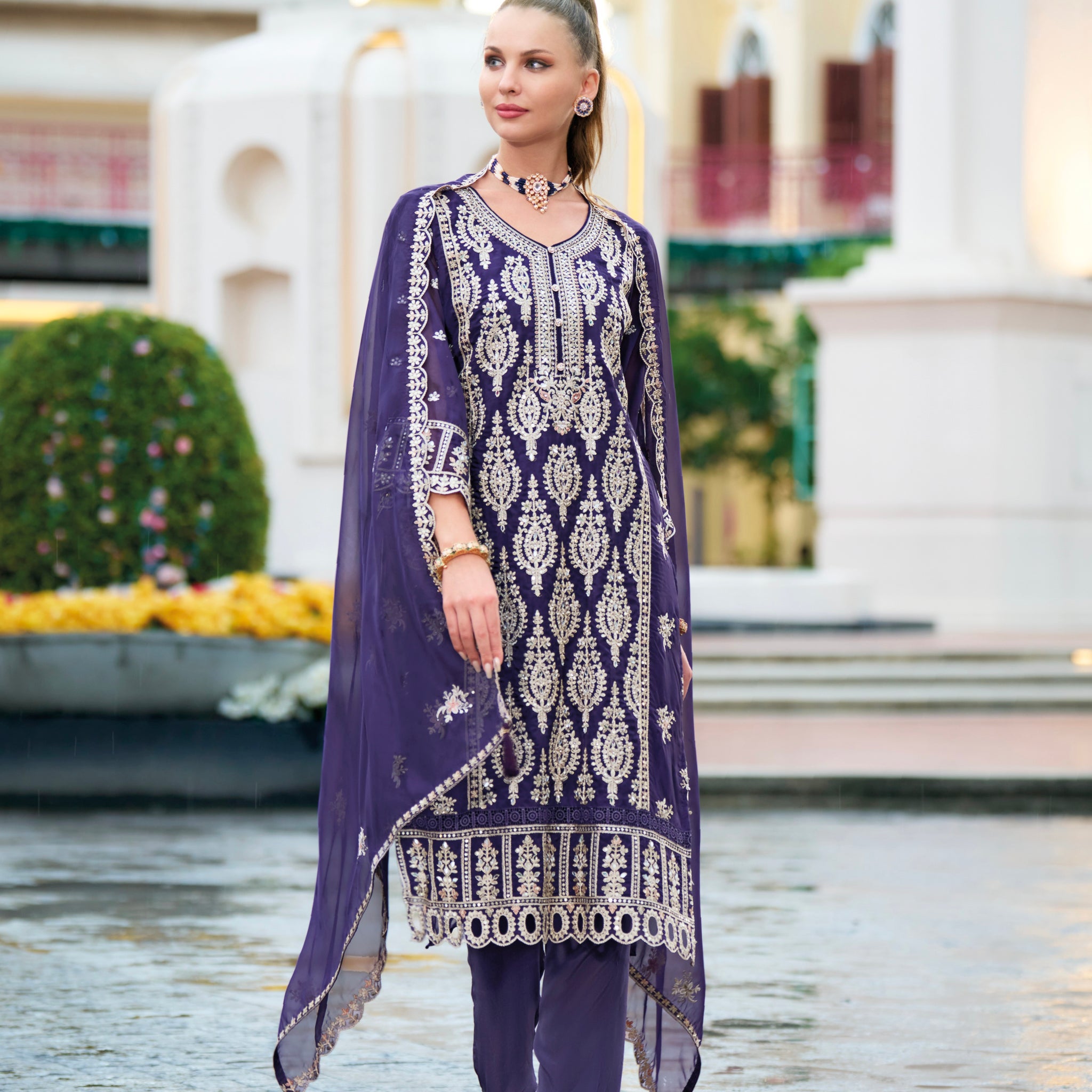 Deep Purple Embroidered Straight Cut Suit Set