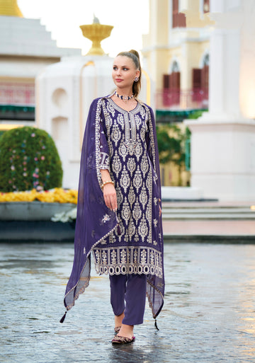 Deep Purple Embroidered Straight Cut Suit Set