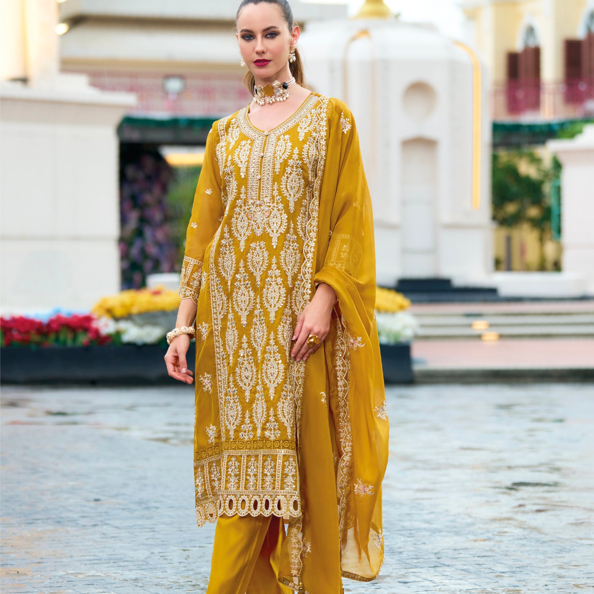 Golden Yellow Embroidered Straight Cut Suit Set