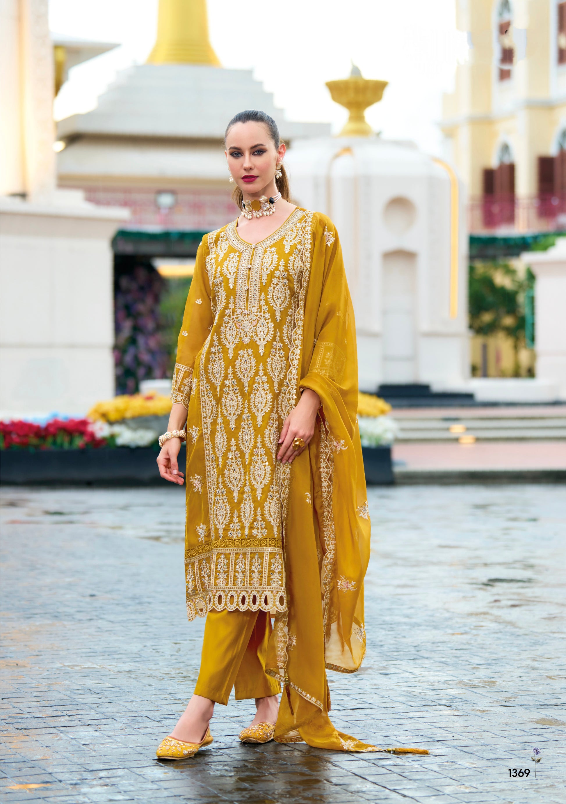 Golden Yellow Embroidered Straight Cut Suit Set