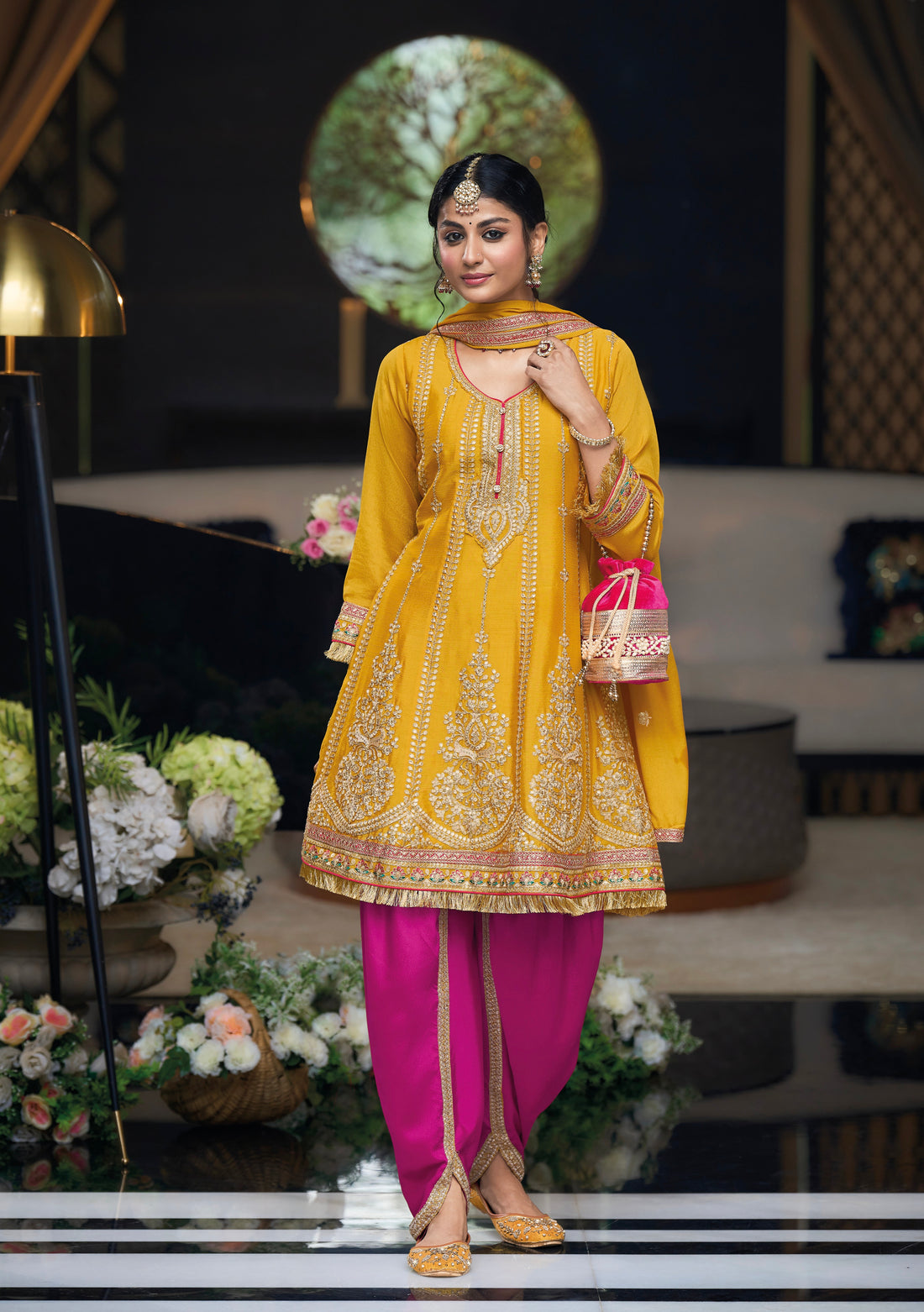 Yellow Chinon Embroidered Dhoti Suit with Pink Dhoti