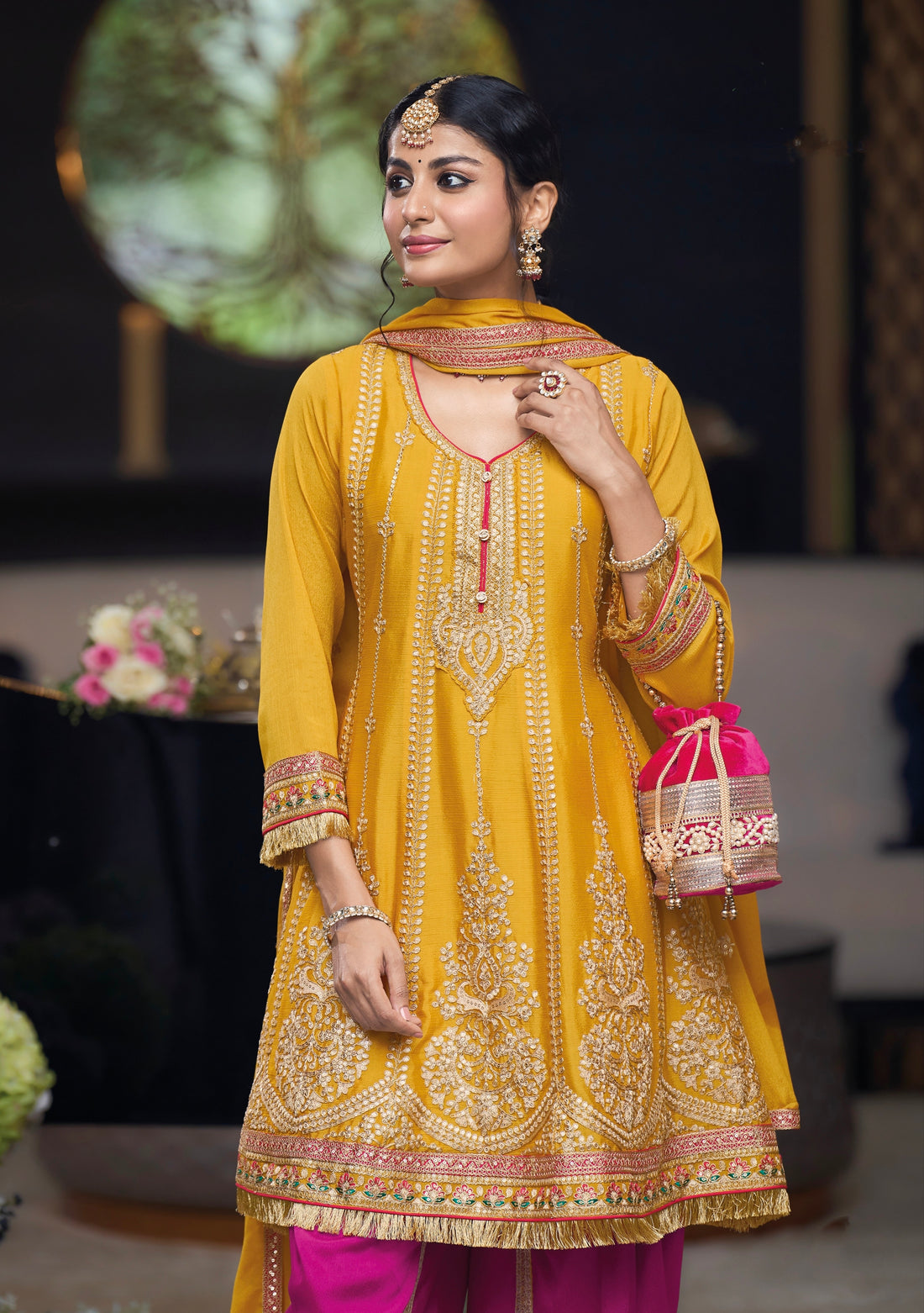 Yellow Chinon Embroidered Dhoti Suit with Pink Dhoti