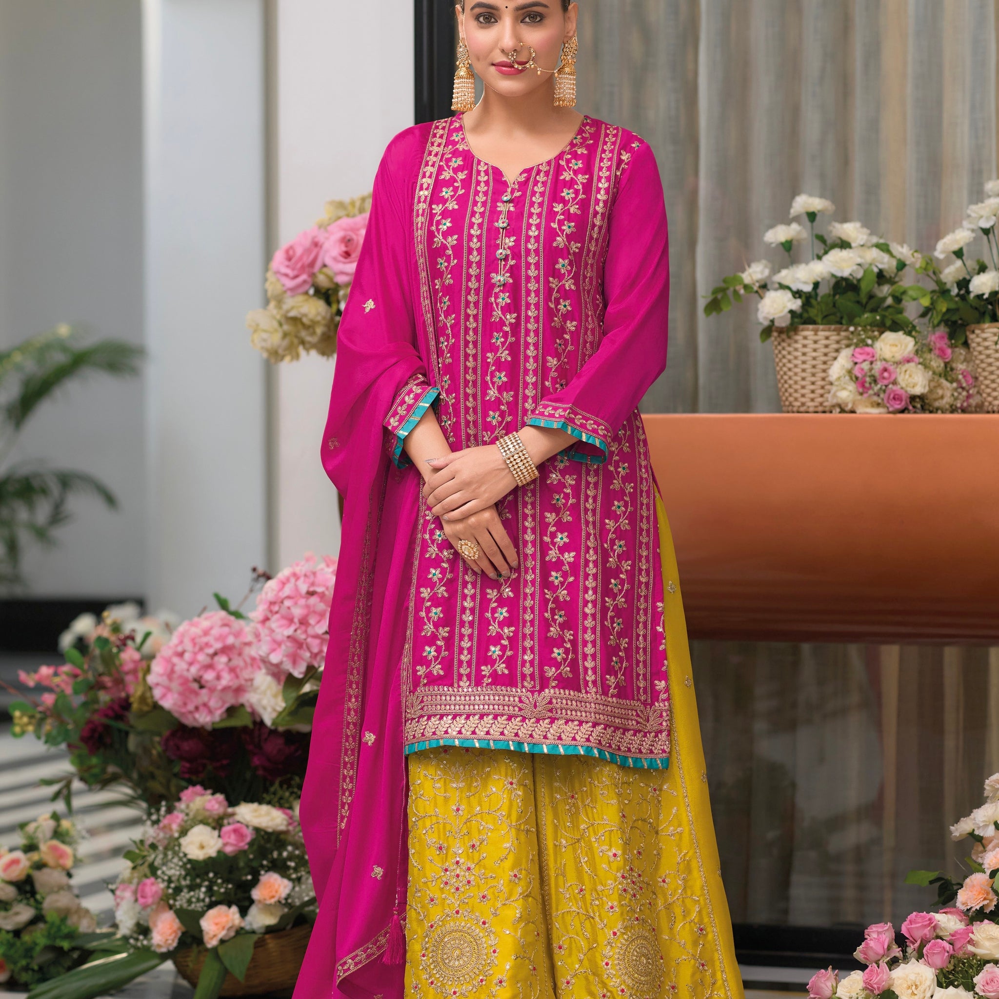 Pink and Yellow Embroidered Sharara Suit with Dupatta