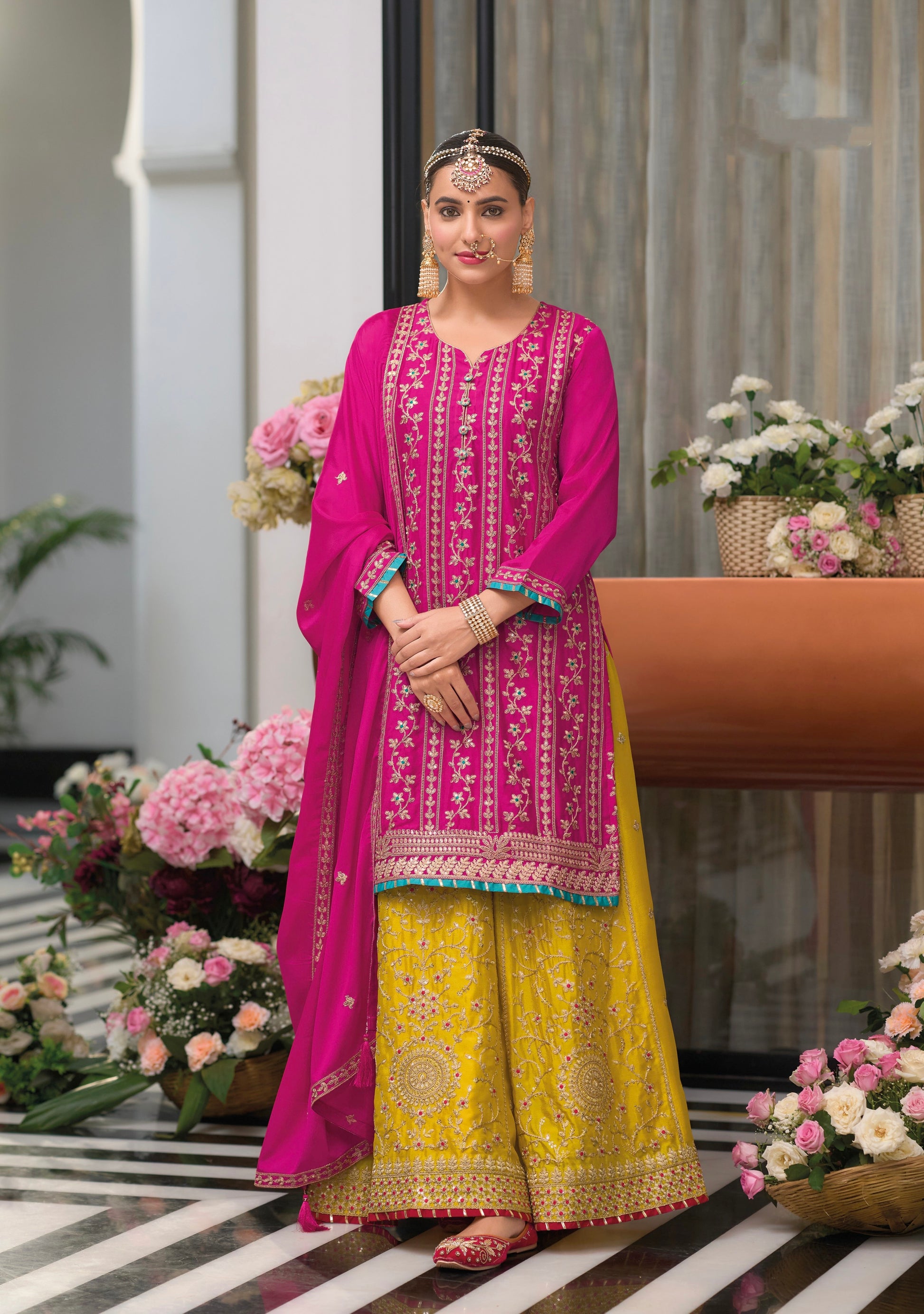 Pink and Yellow Embroidered Sharara Suit with Dupatta