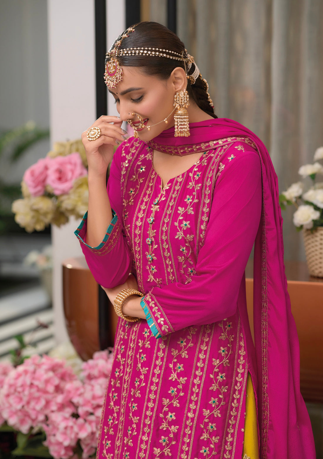 Pink and Yellow Embroidered Sharara Suit with Dupatta